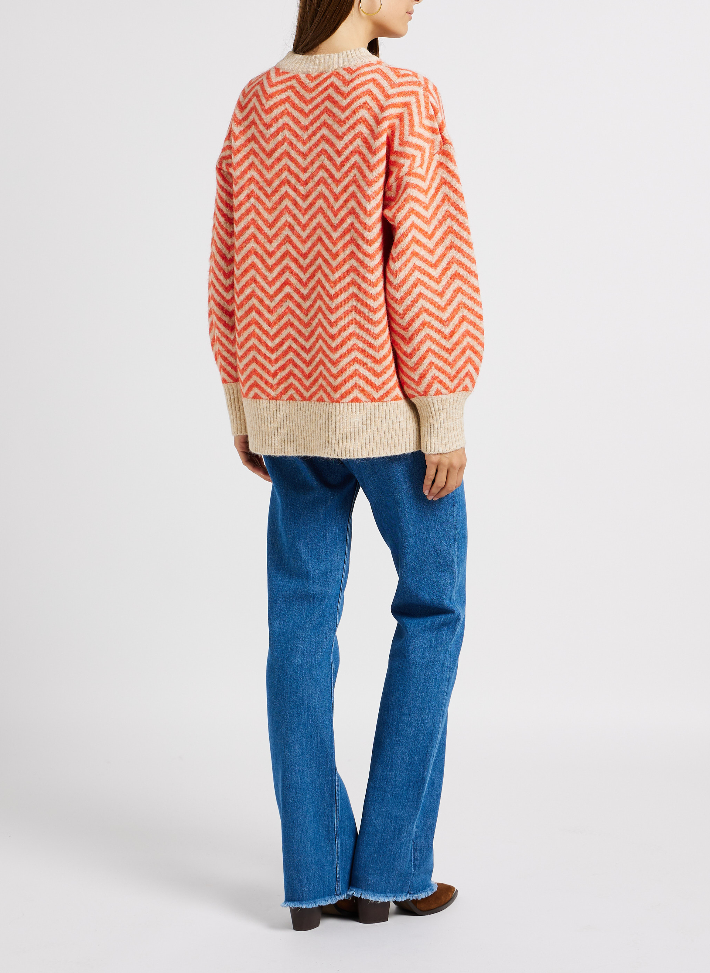 Weiter Rundhalspullover aus Strick-Mix mit Zickzackmuster OBJECT Beige