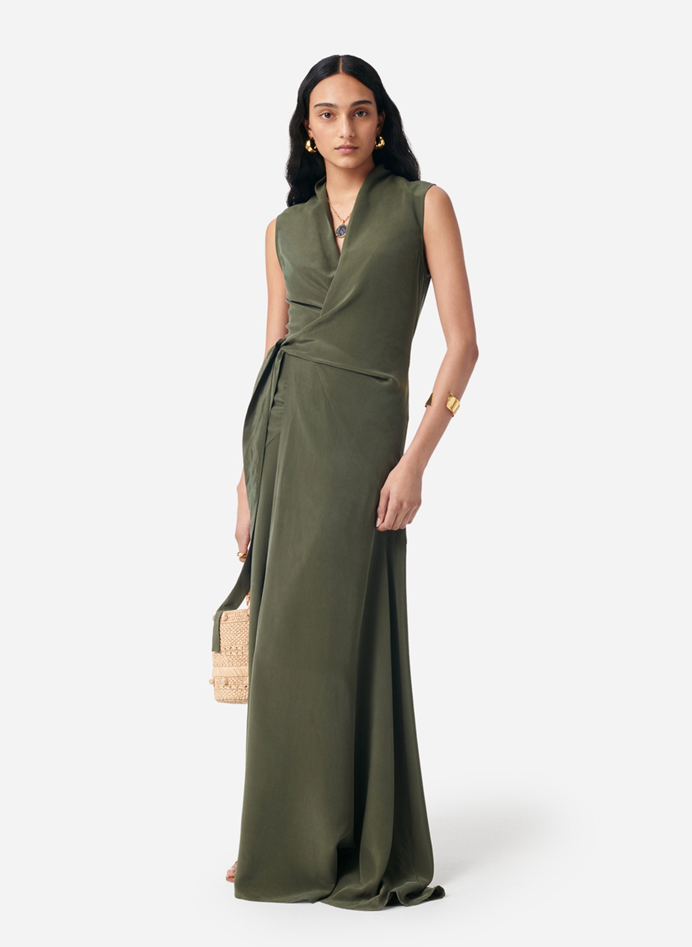 Lange mouwloze wikkeljurk van zijde VANESSA BRUNO Groen