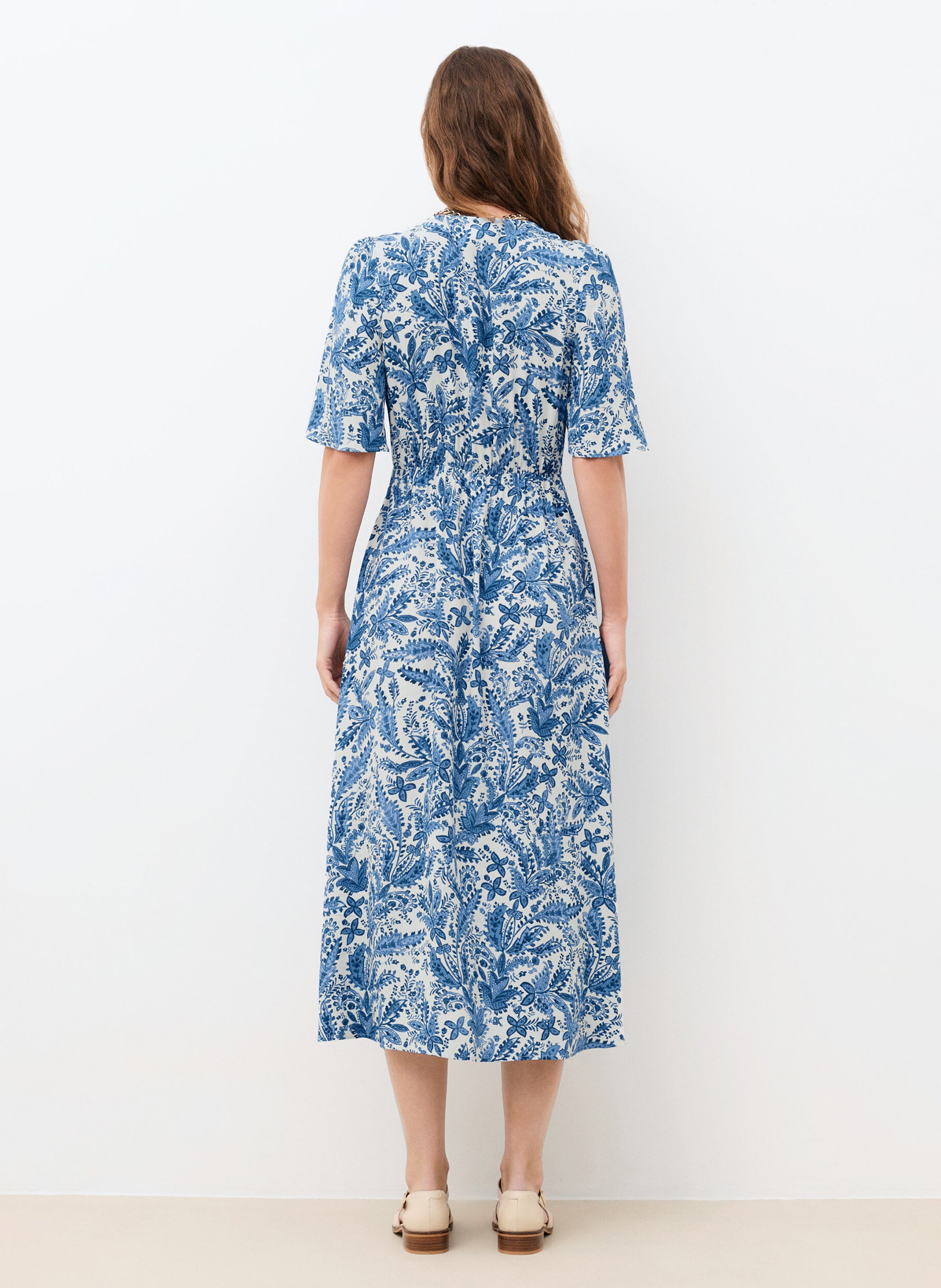 Robe midi ample col V imprimée CAROLL Bleu