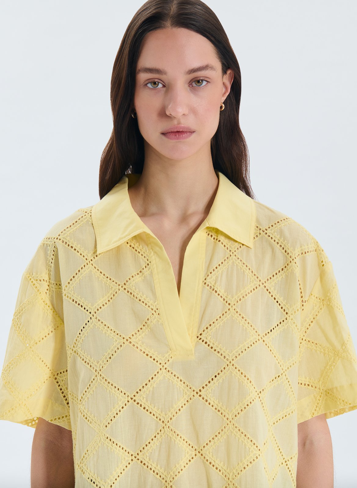 Blouse oversize col V en coton brodé ZAPA Jaune