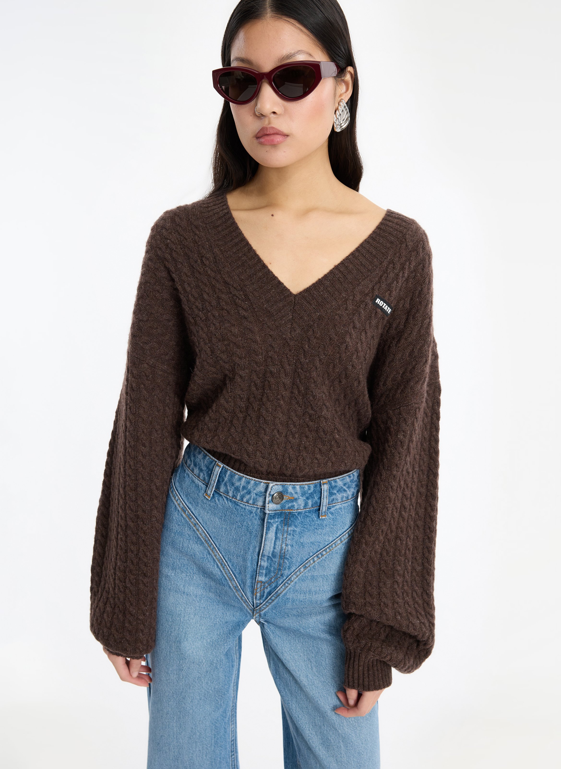 V-neck oversized twisted knit sweater ROTATE Brown