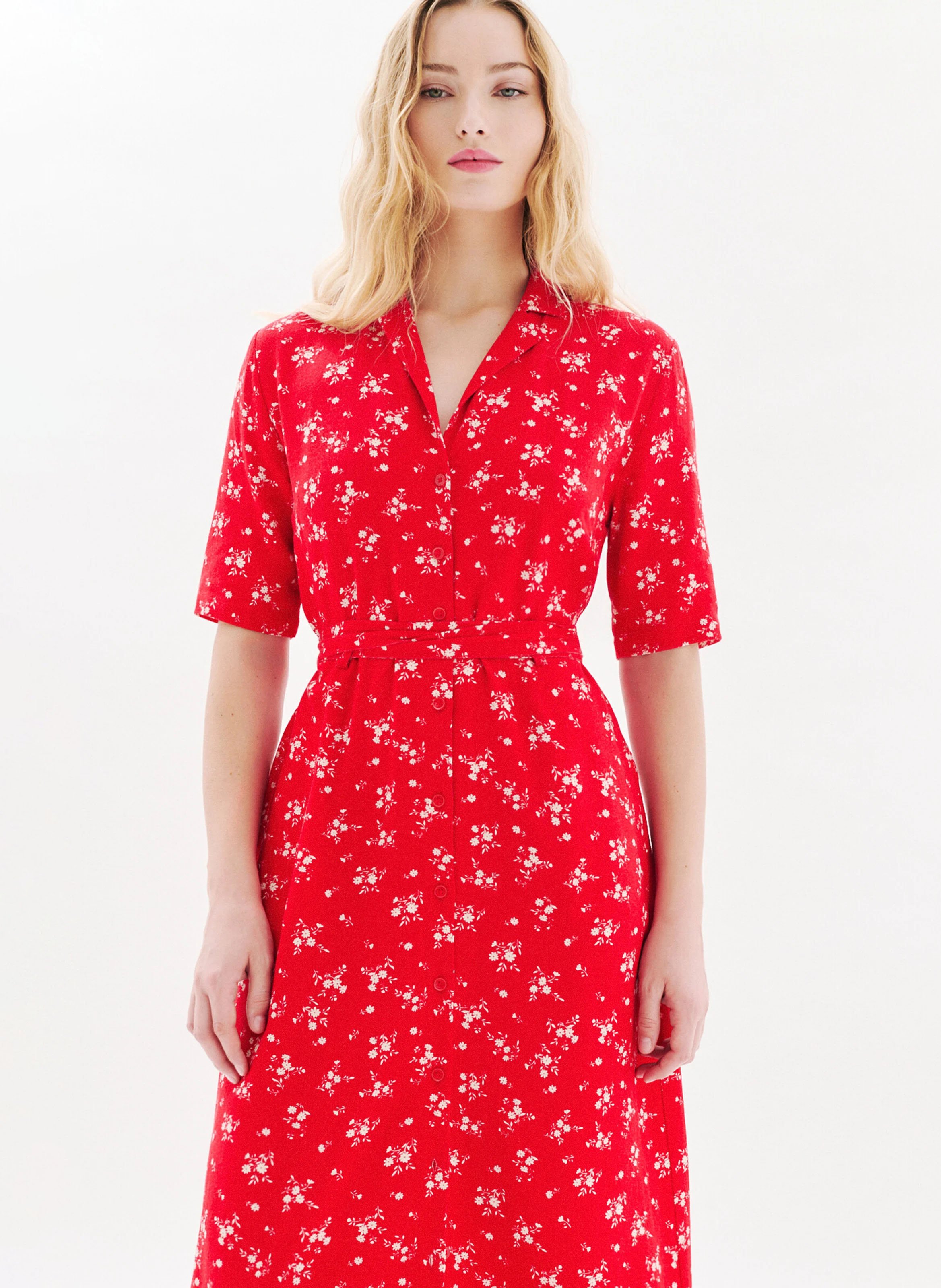 Halflange jurk met V-hals en print CAROLL Rood