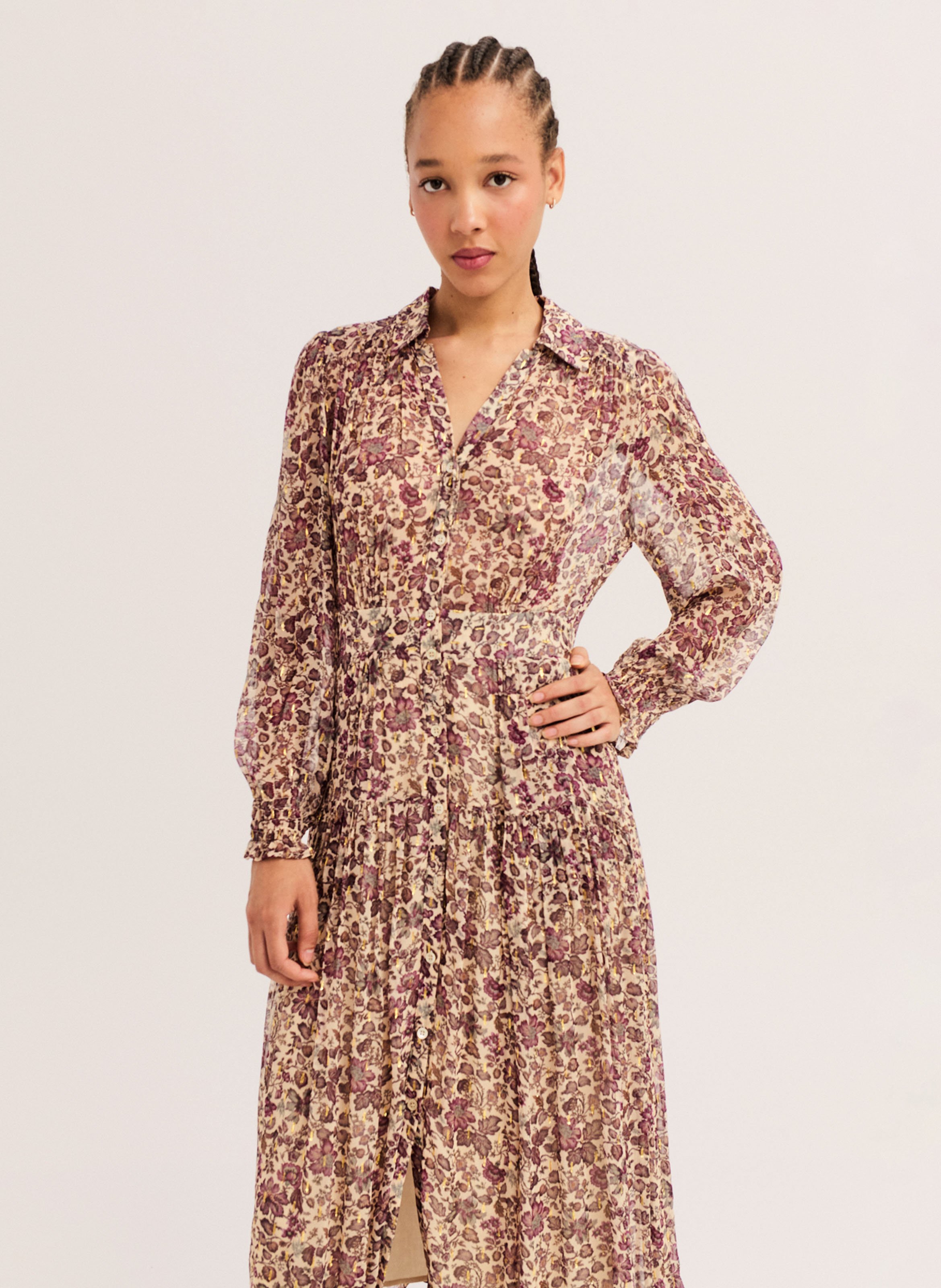 Langes Kleid mit klassischem Kragen und Print PABLO Beige
