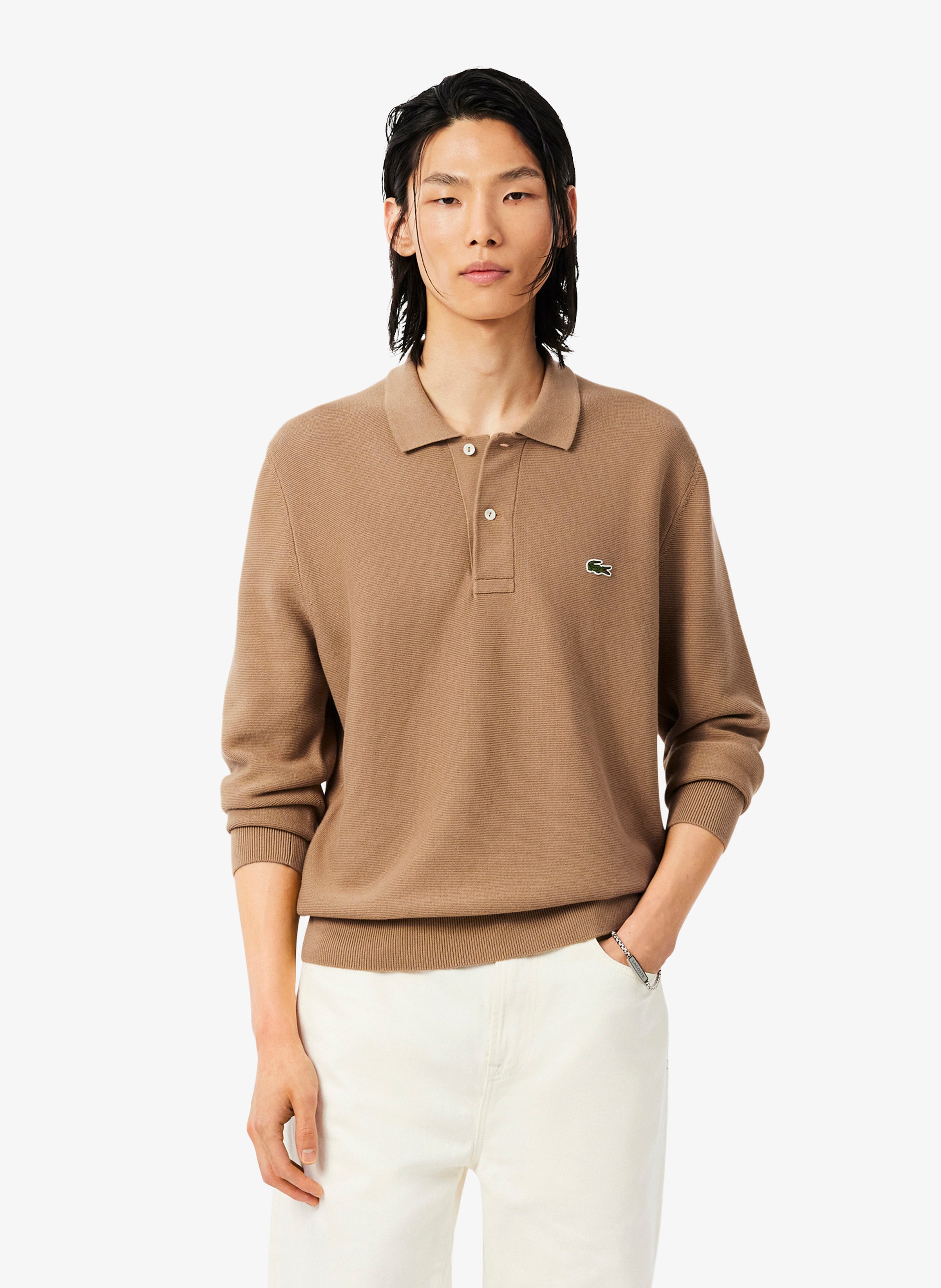 Straight fit long-sleeved cotton polo LACOSTE Brown