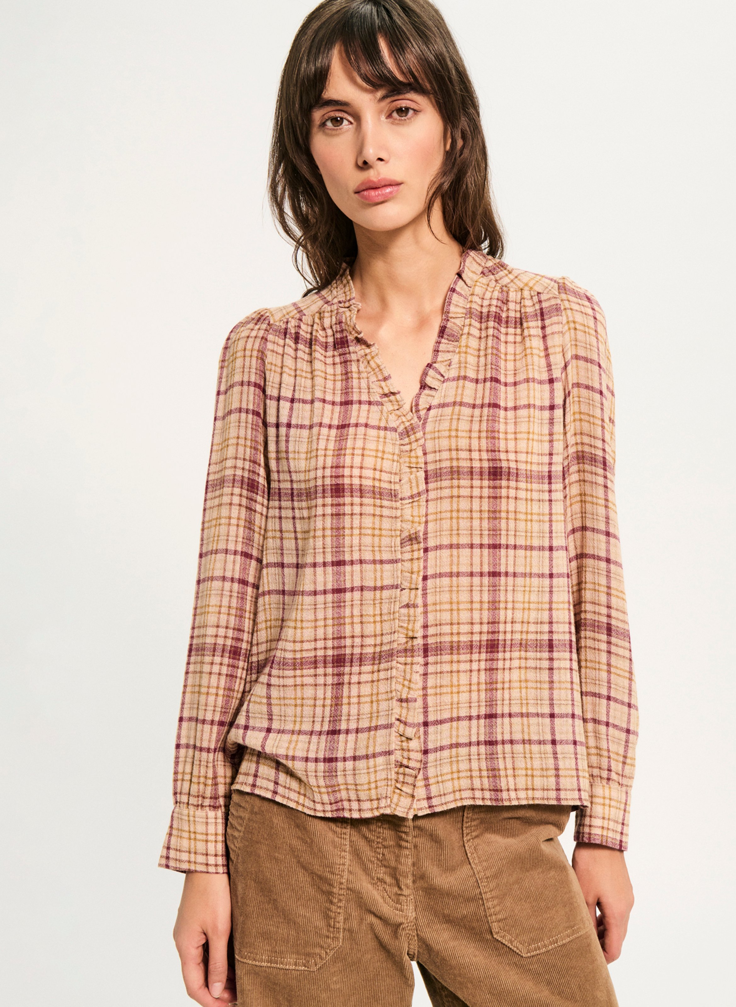Chemise col V à carreaux PABLO Beige