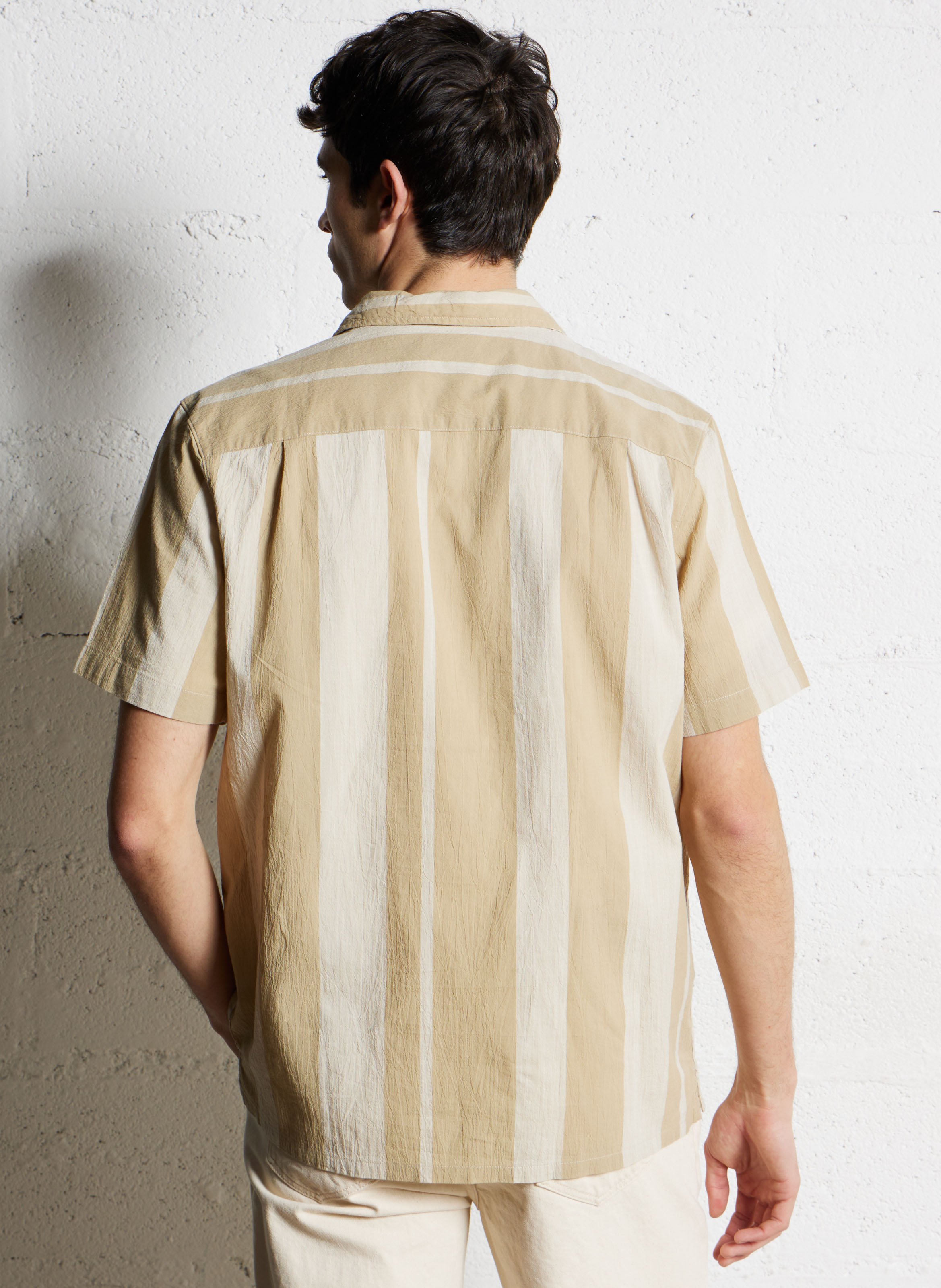 Straight Cuban collar striped cotton shirt FARAH Brown