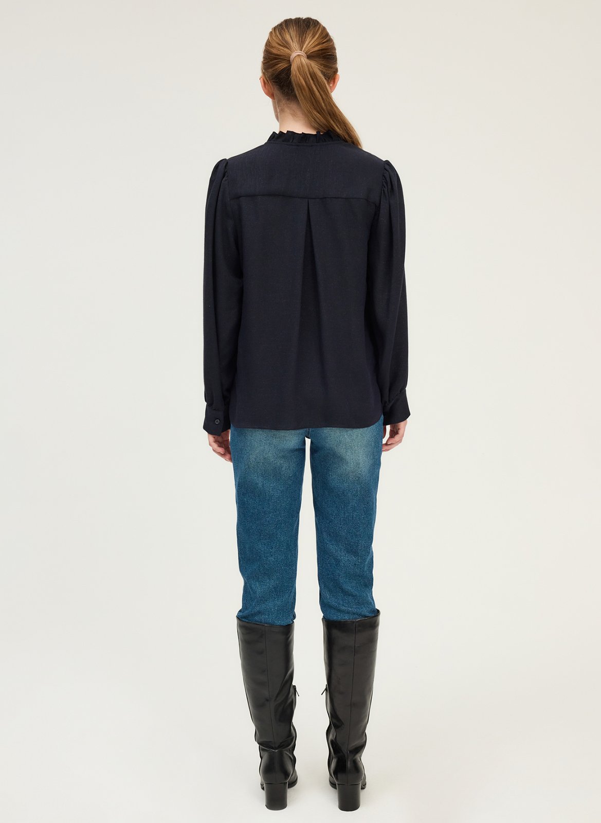 Straight V-neck blouse with ruffles PABLO Blue