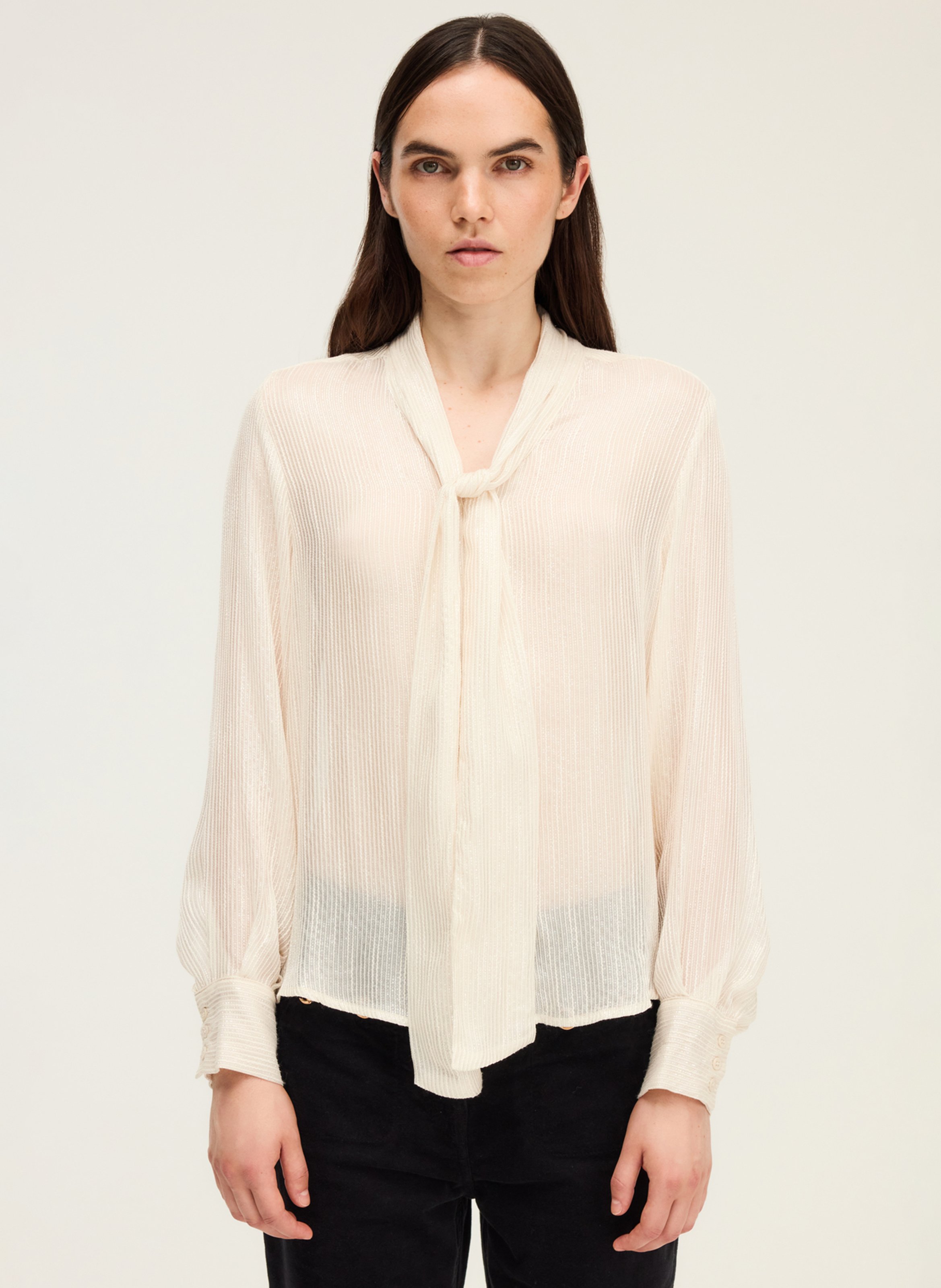 Chemisier col lavallière à rayures métallisées PABLO Beige