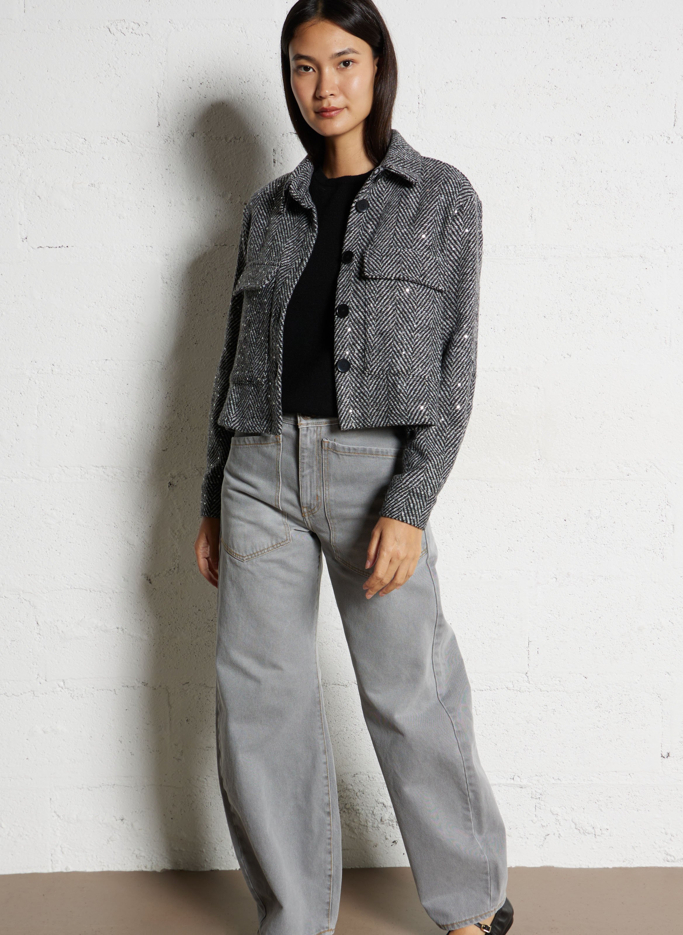 Oversized jacket with classic sequined collar PLEASE Grey