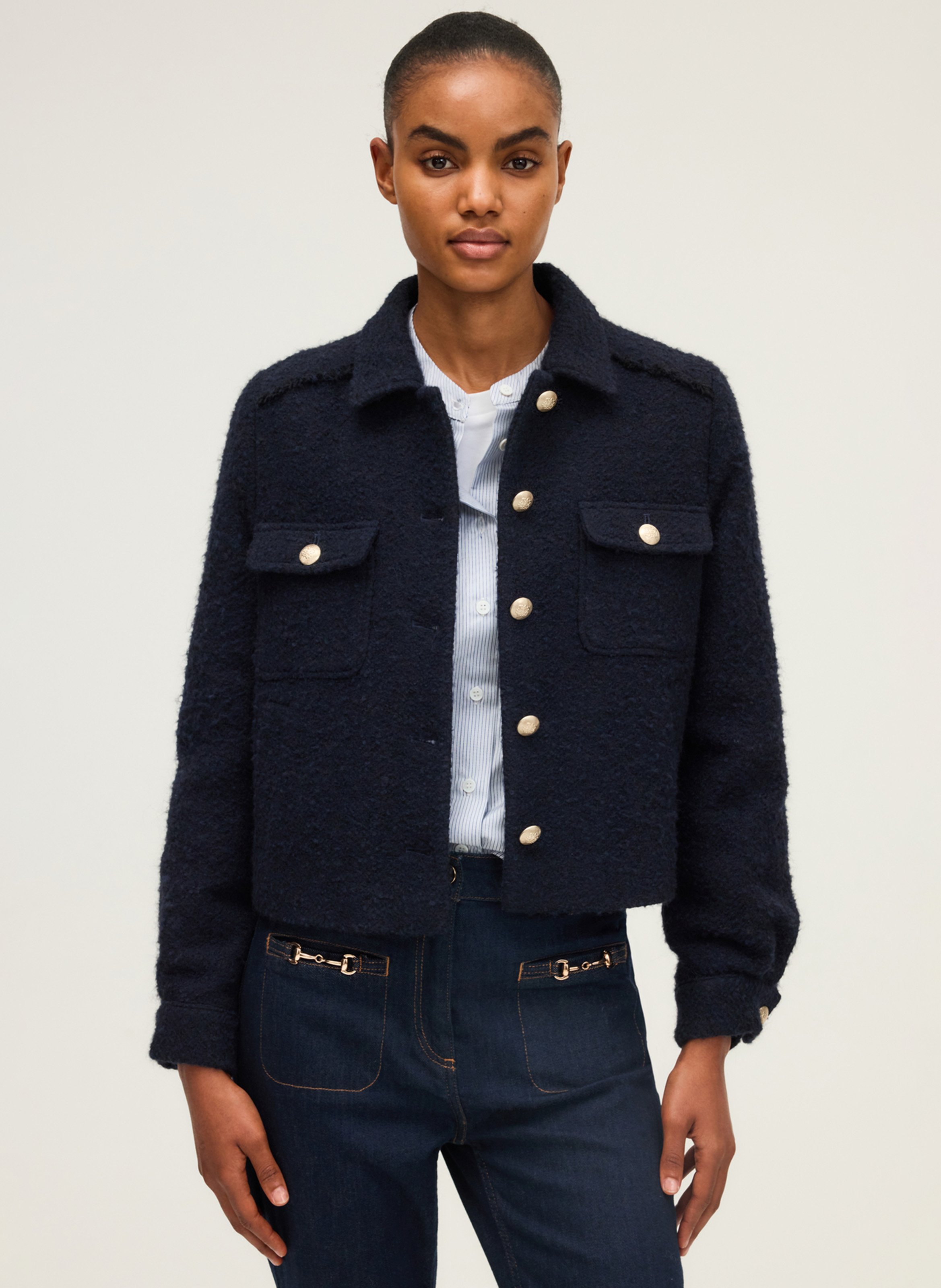 Veste col classique en laine et en coton mélangés PABLO Bleu