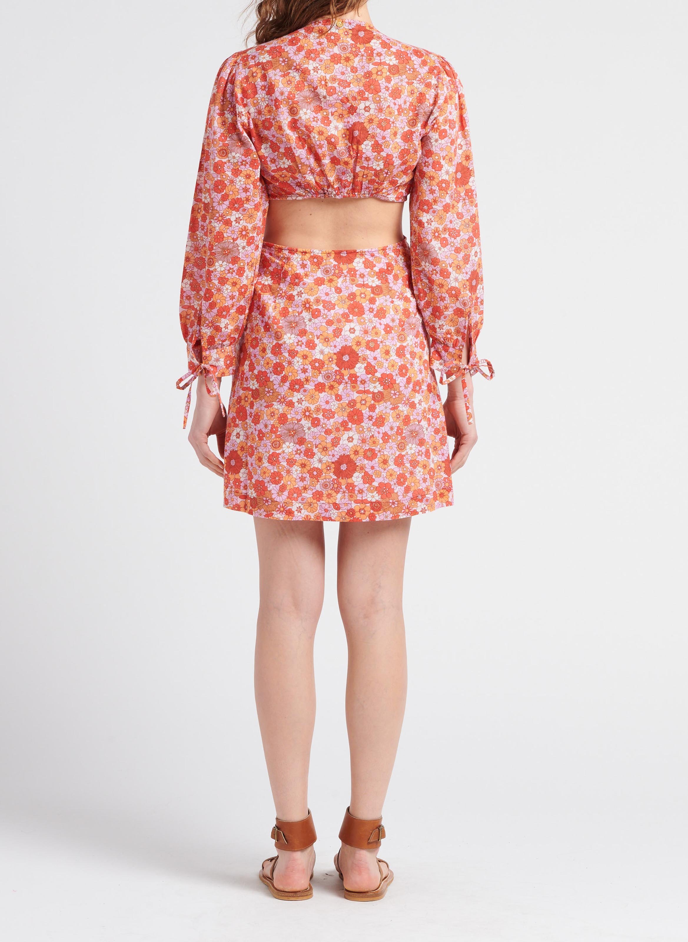 Robe courte col V imprimée fleuri en coton  ANTIK BATIK Rouge