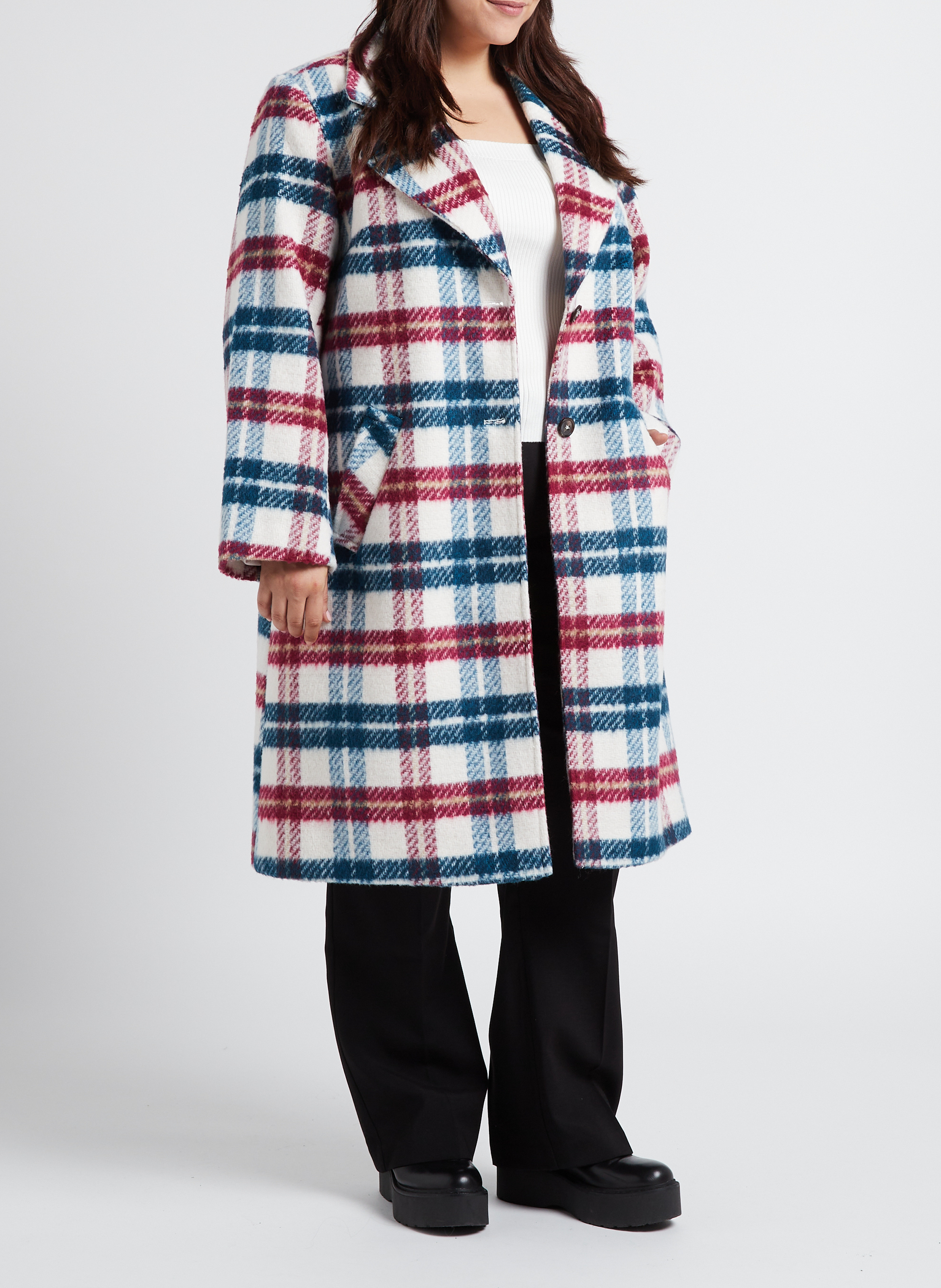 Manteau col tailleur à carreaux  EVOKED Blanc