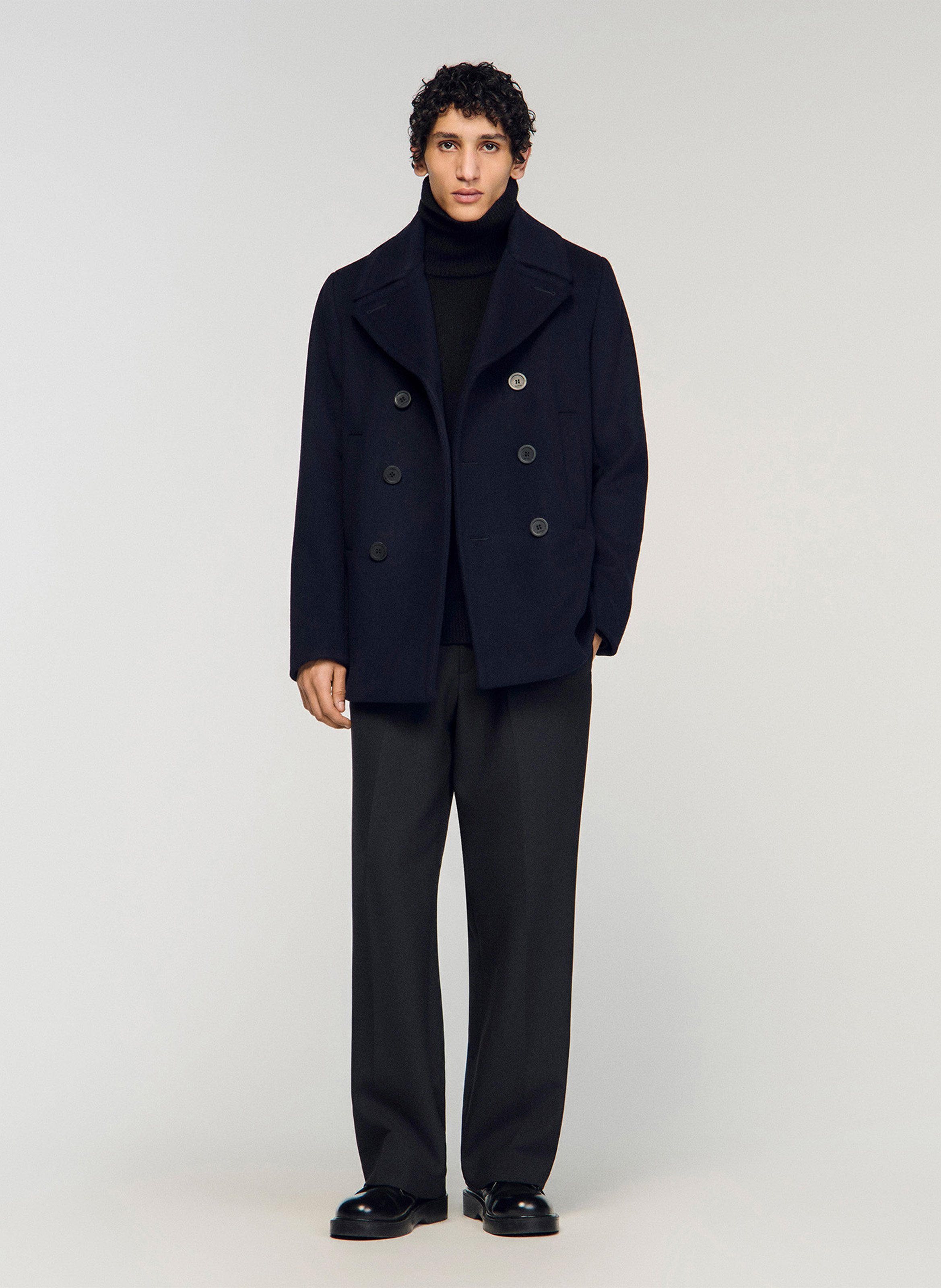 Manteau droit en laine mélangée SANDRO Bleu