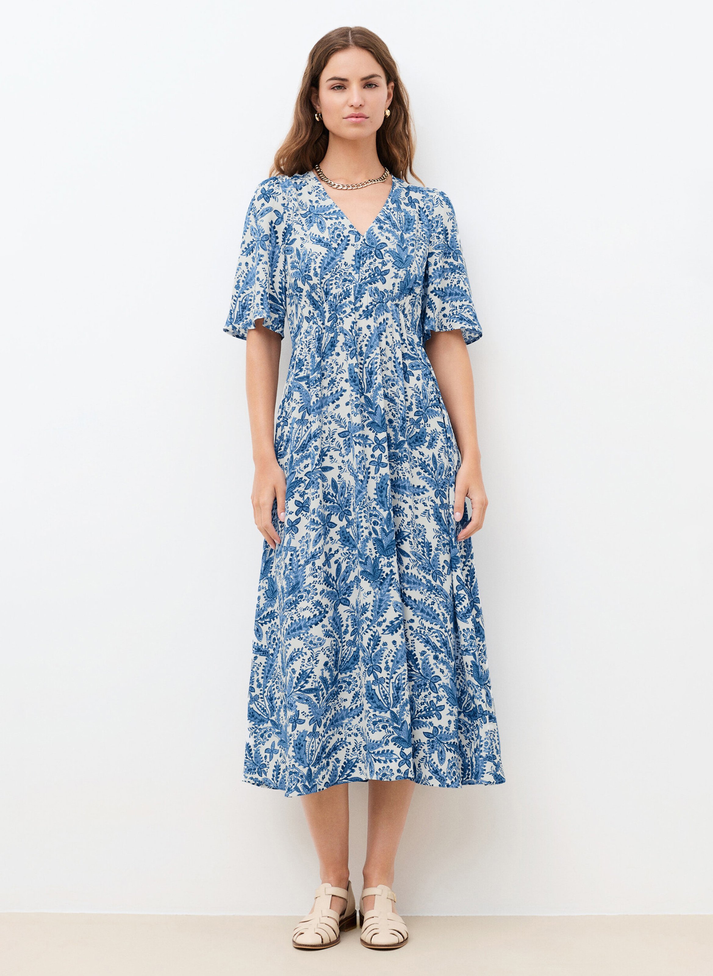 Robe midi ample col V imprimée CAROLL Bleu
