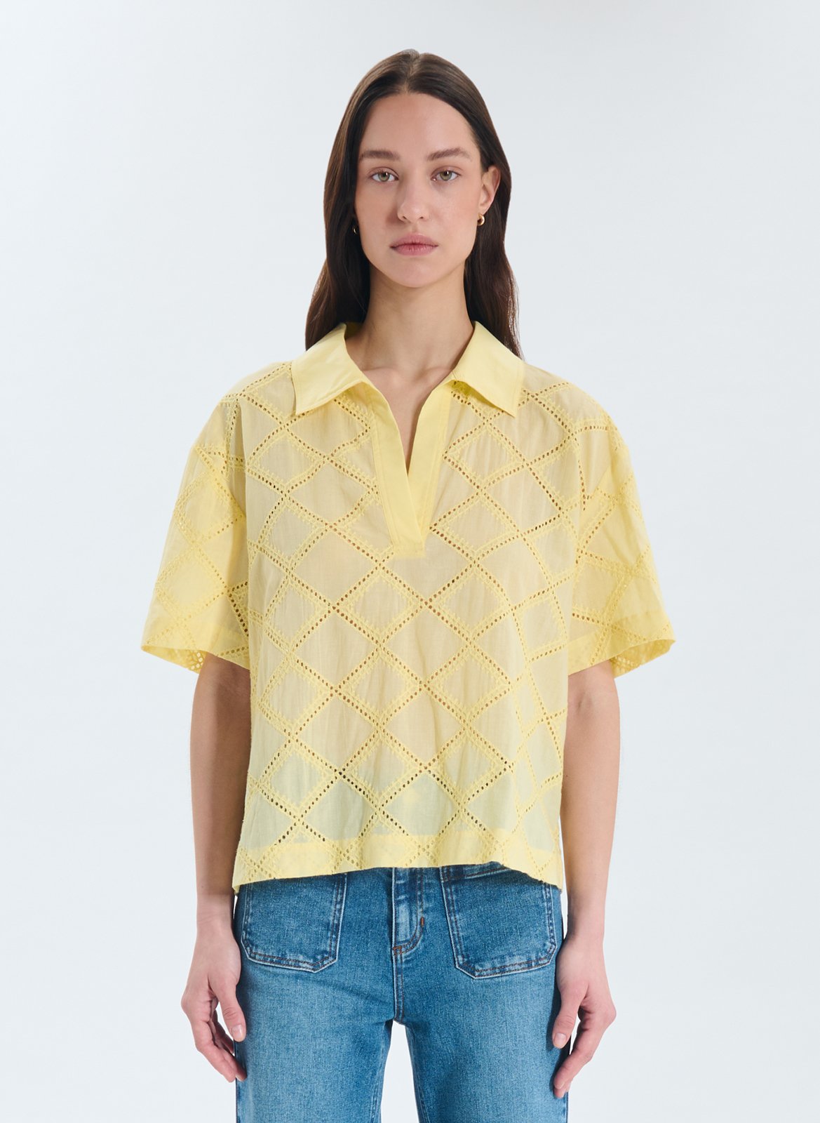 Blouse oversize col V en coton brodé ZAPA Jaune