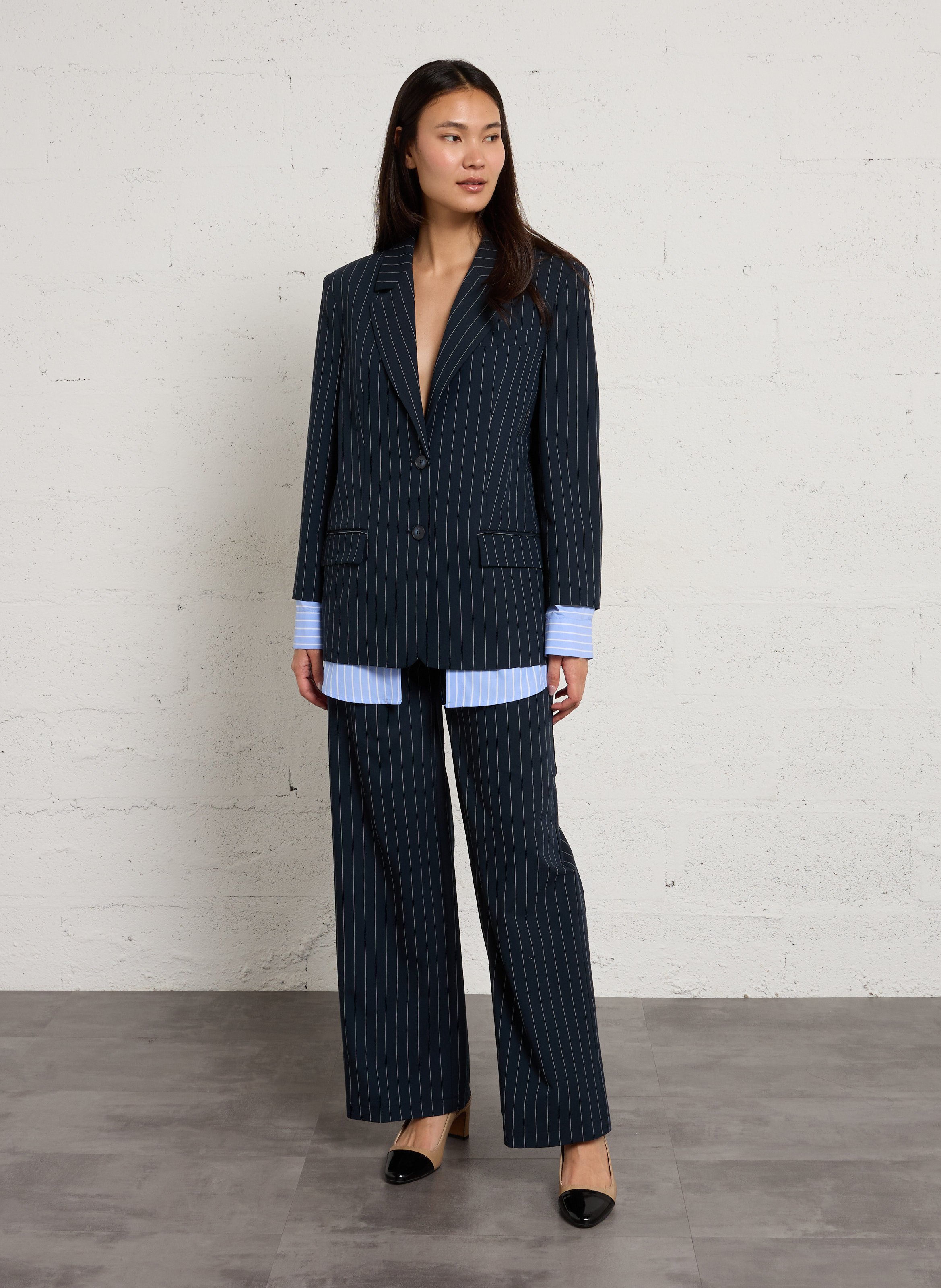 Oversized blazer with trompe l'oeil tailored collar in striped pattern IMPERIAL Blue