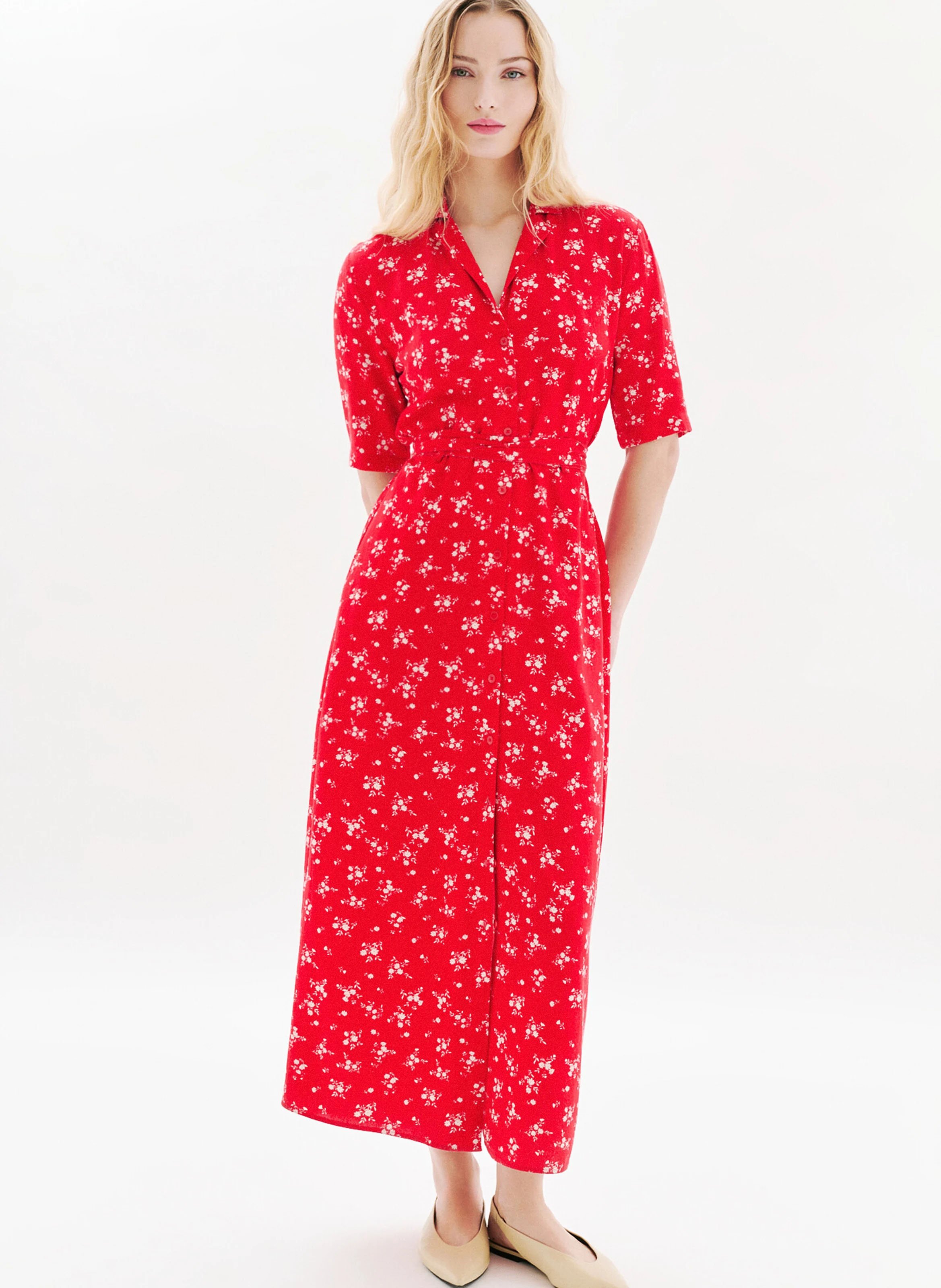 Halflange jurk met V-hals en print CAROLL Rood