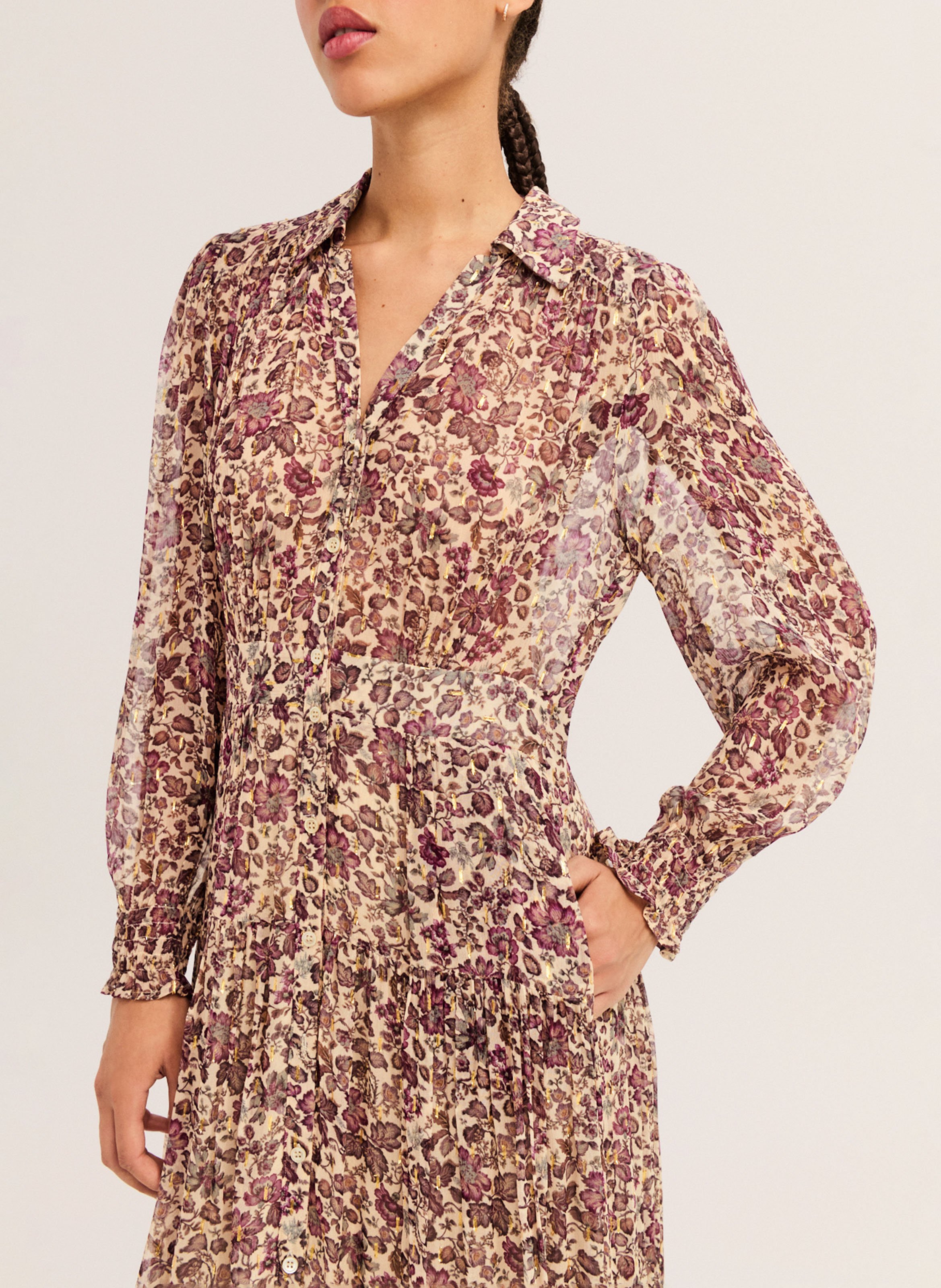 Langes Kleid mit klassischem Kragen und Print PABLO Beige