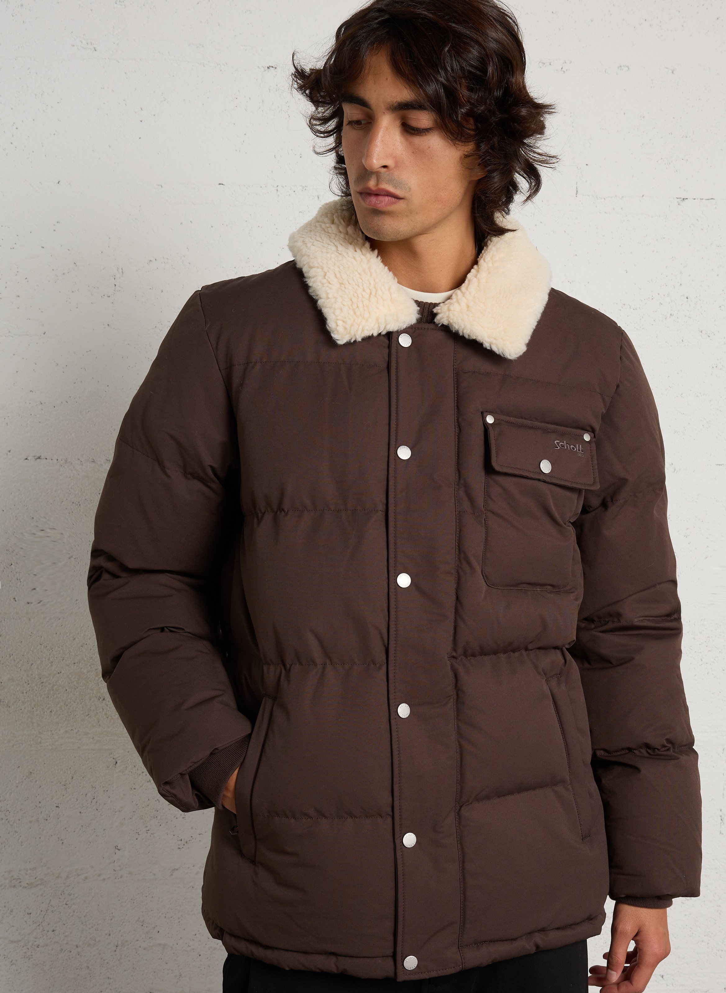 Gerade geschnittene Steppjacke aus Baumwollmischung mit Sherpa-Kragen SCHOTT Braun