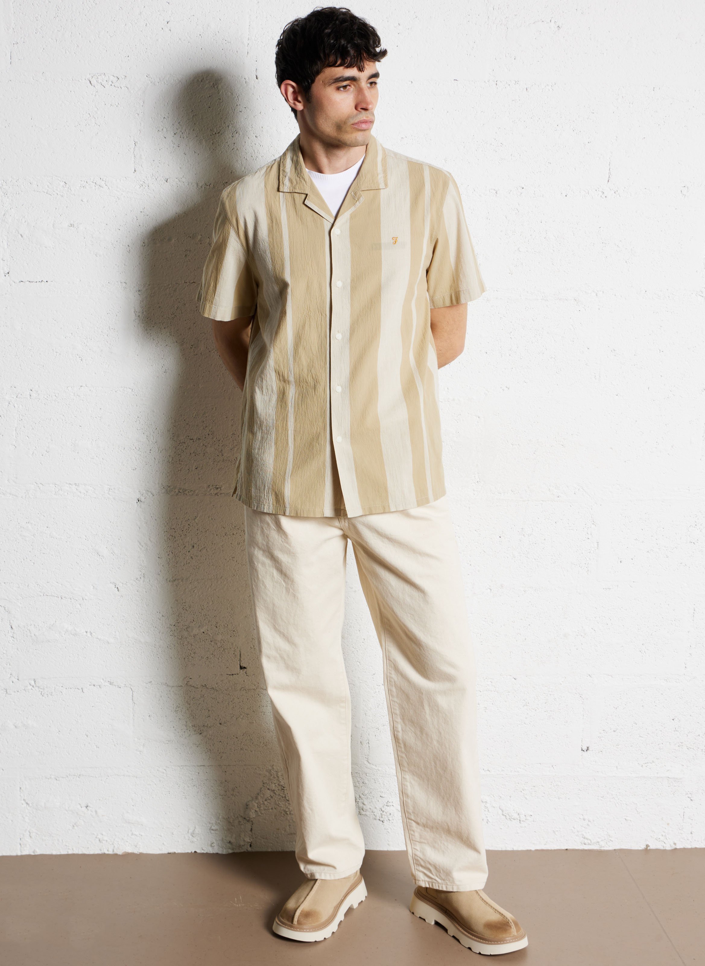 Straight Cuban collar striped cotton shirt FARAH Brown