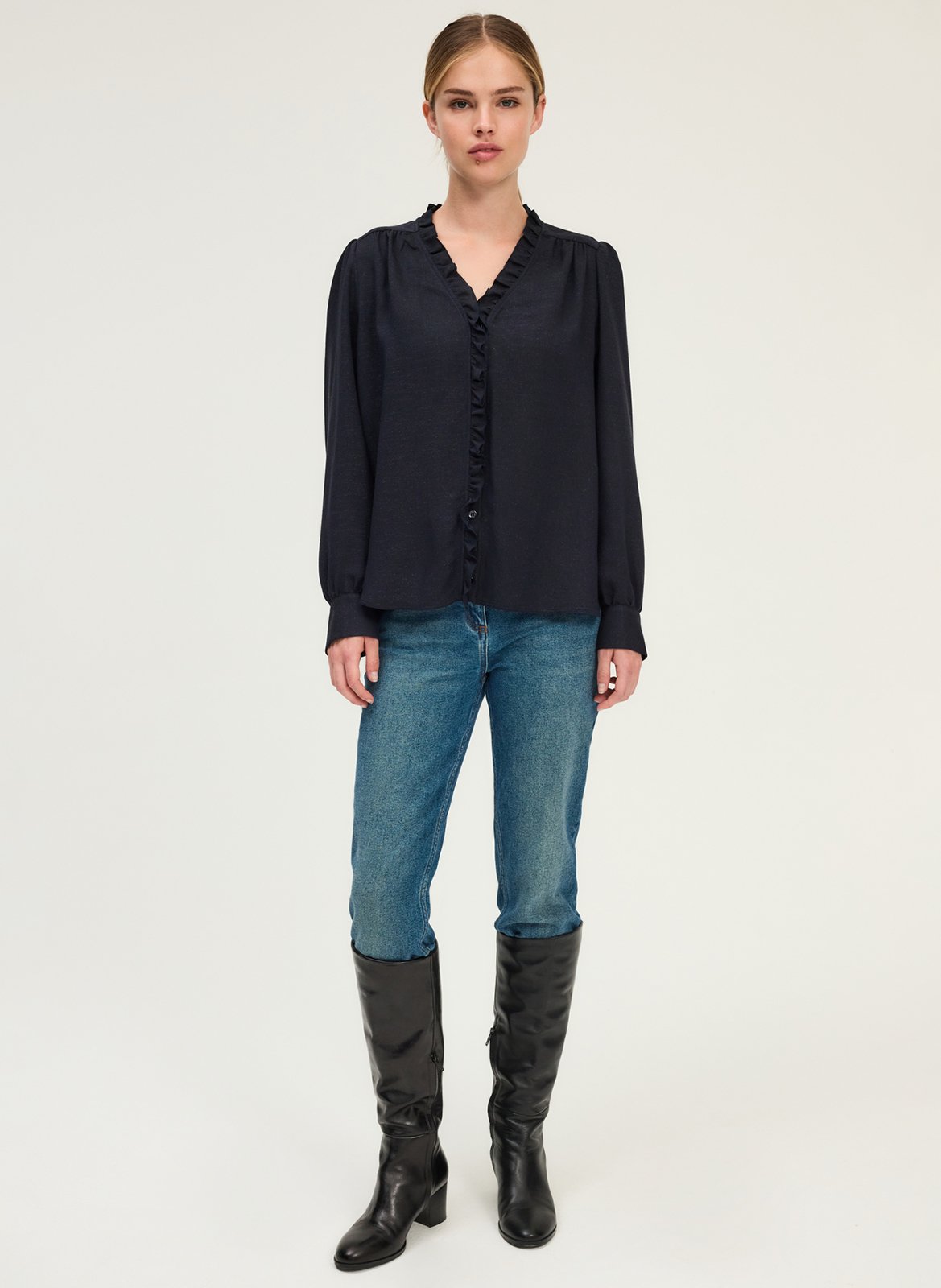 Straight V-neck blouse with ruffles PABLO Blue