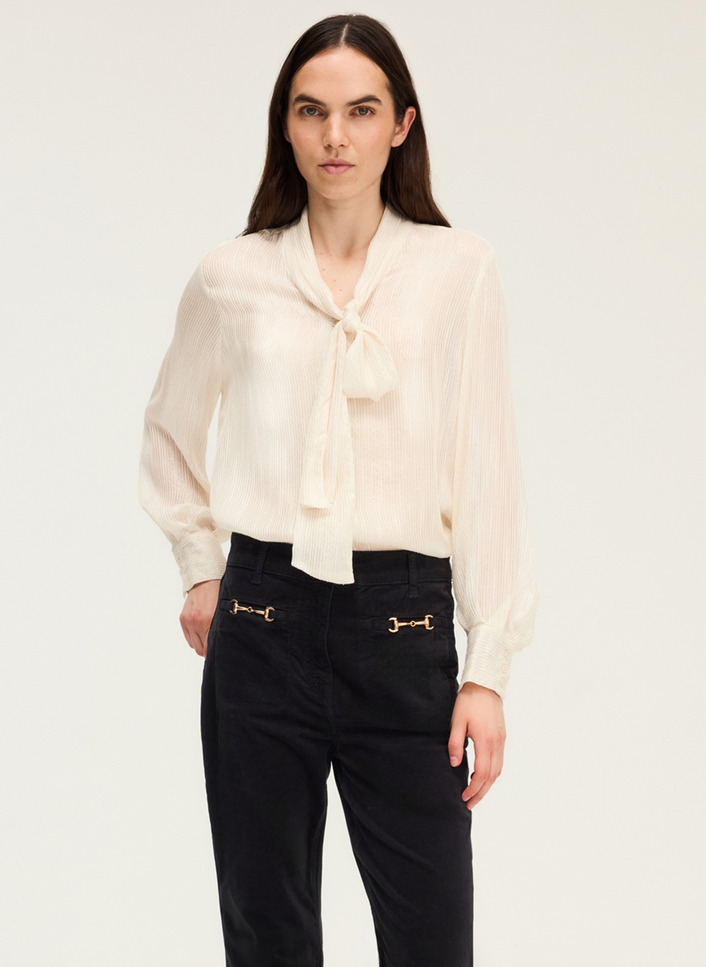 Chemisier col lavallière à rayures métallisées PABLO Beige