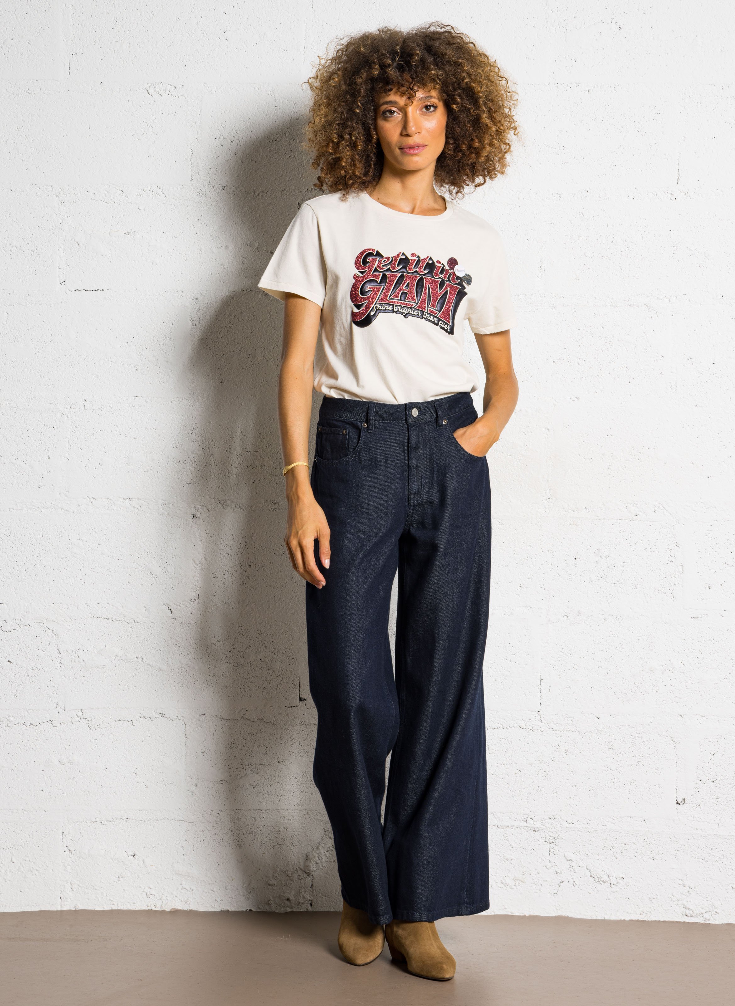 Tee-shirt droit col rond sérigraphié en coton NEWTONE Beige