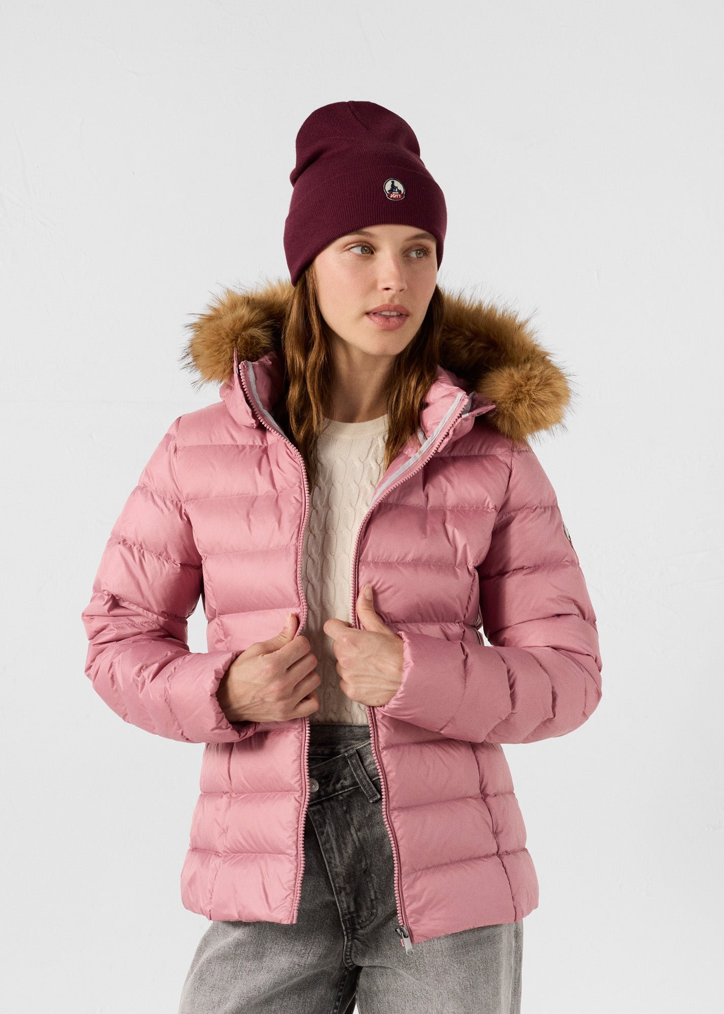 Luxury cold weather hooded puffer coat JOTT Pink
