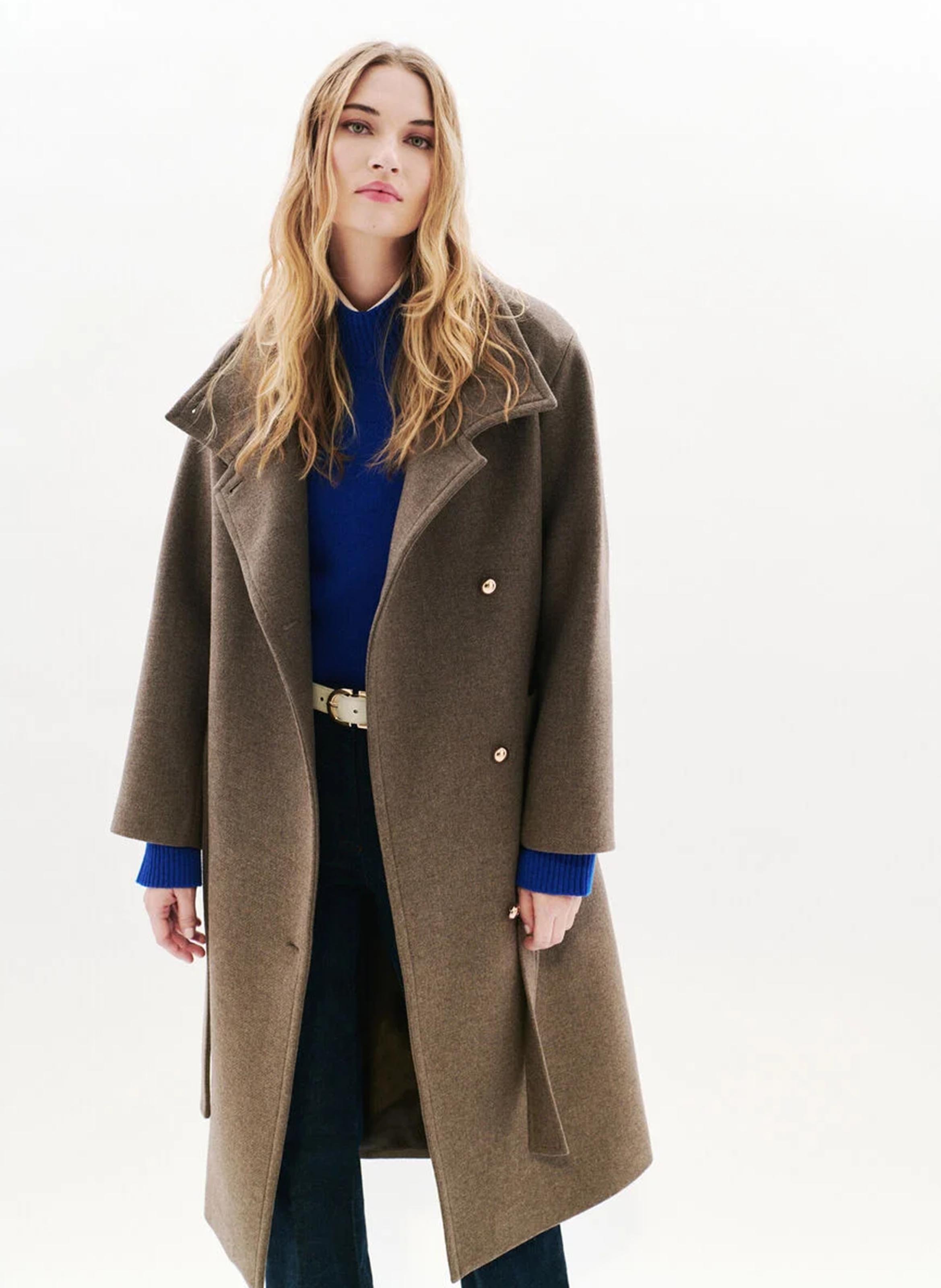 Straight coat with high collar in blended recycled wool CAROLL Brown