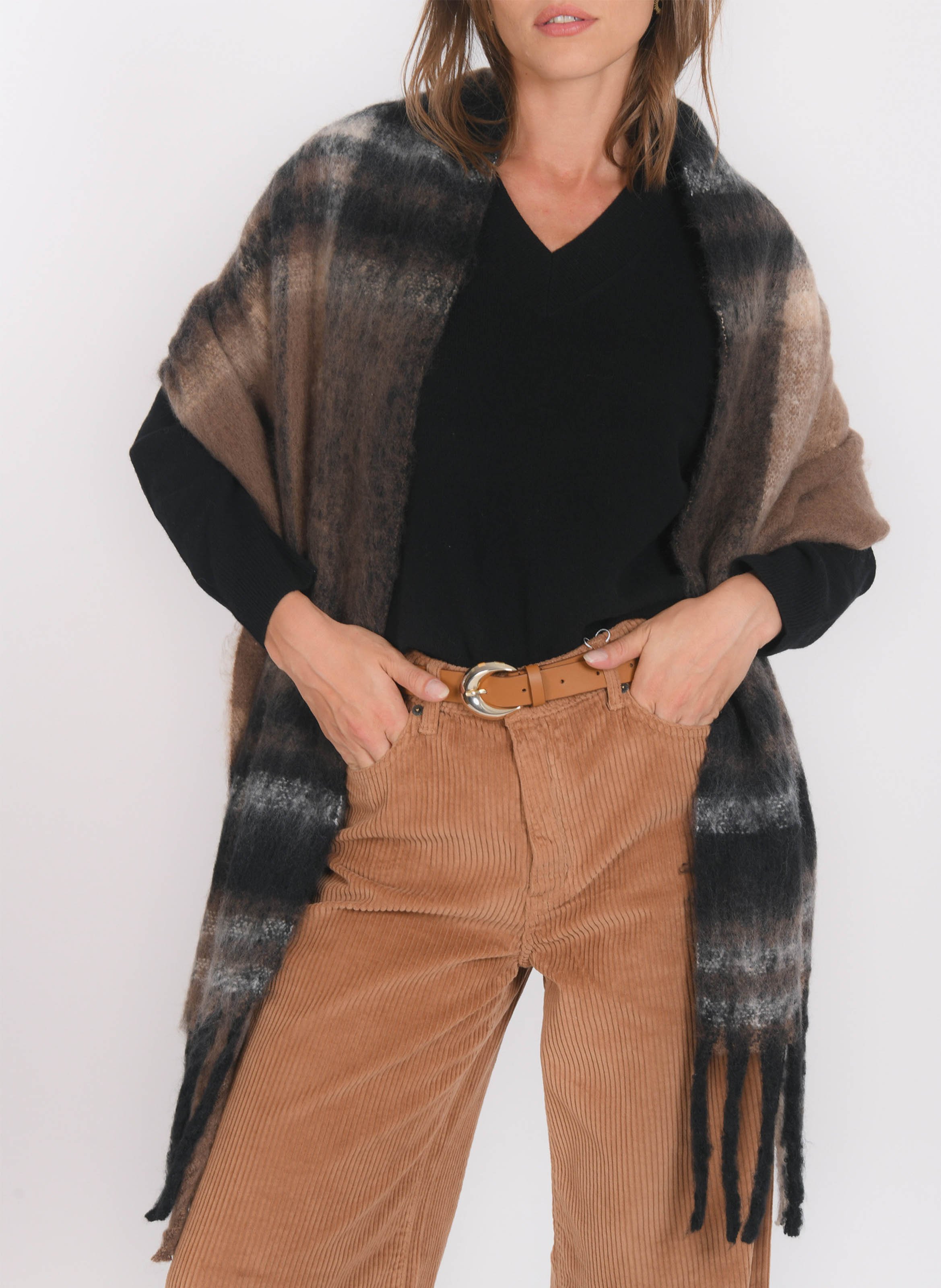 Fringed printed scarf Brown