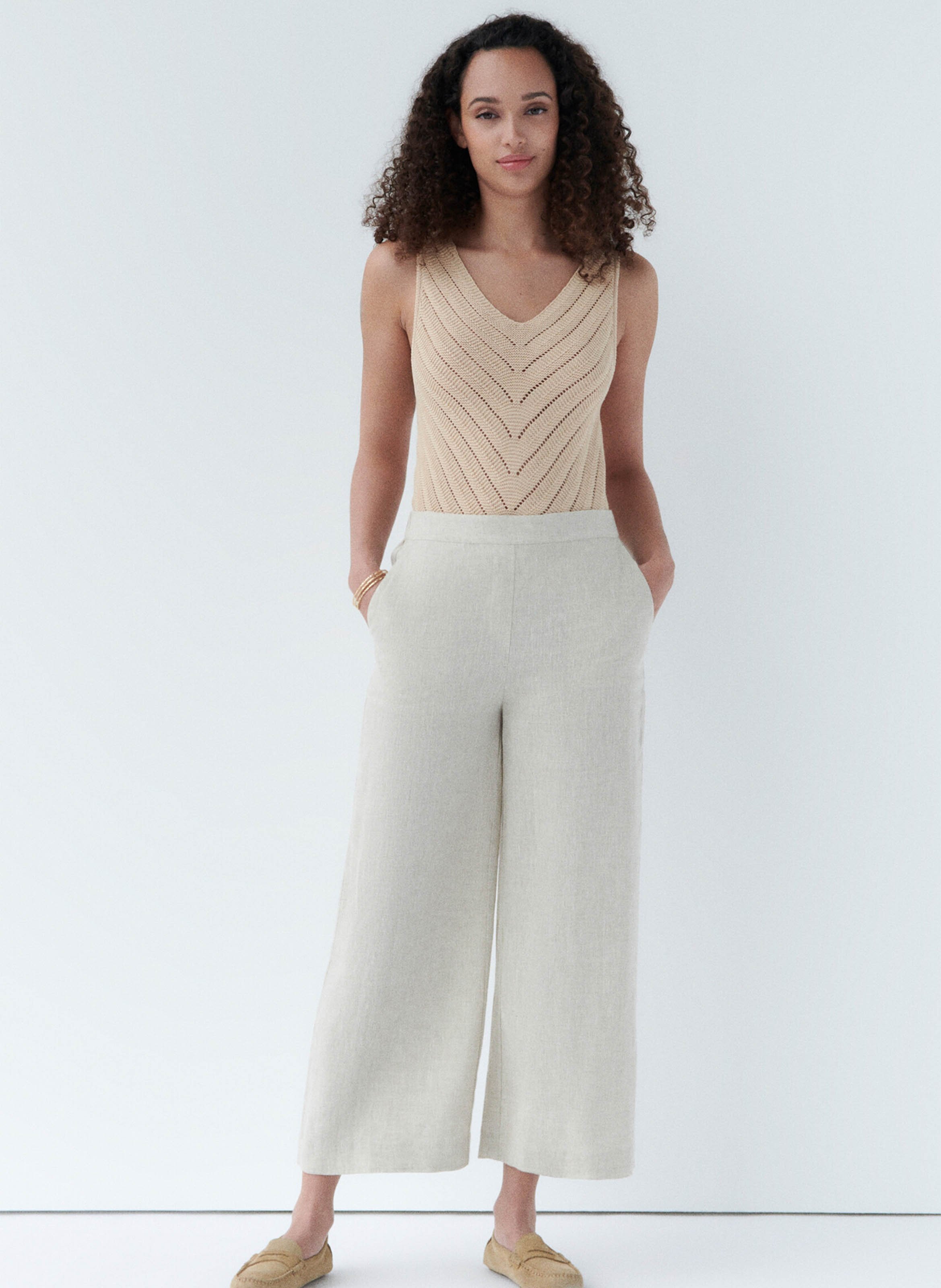 High-waisted wide-leg linen pants CAROLL Beige