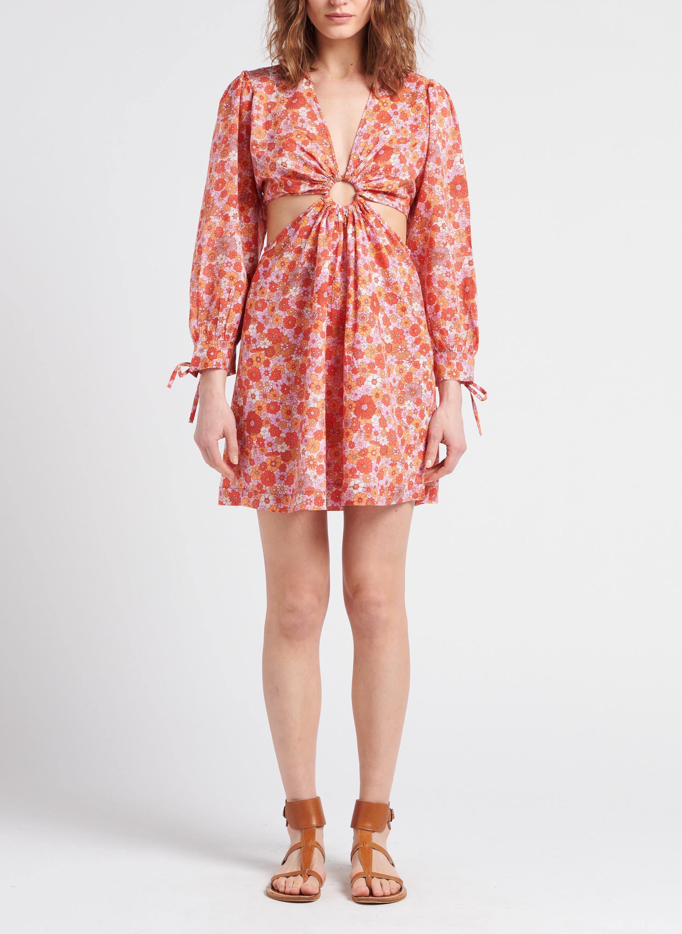 Robe courte col V imprimée fleuri en coton  ANTIK BATIK Rouge