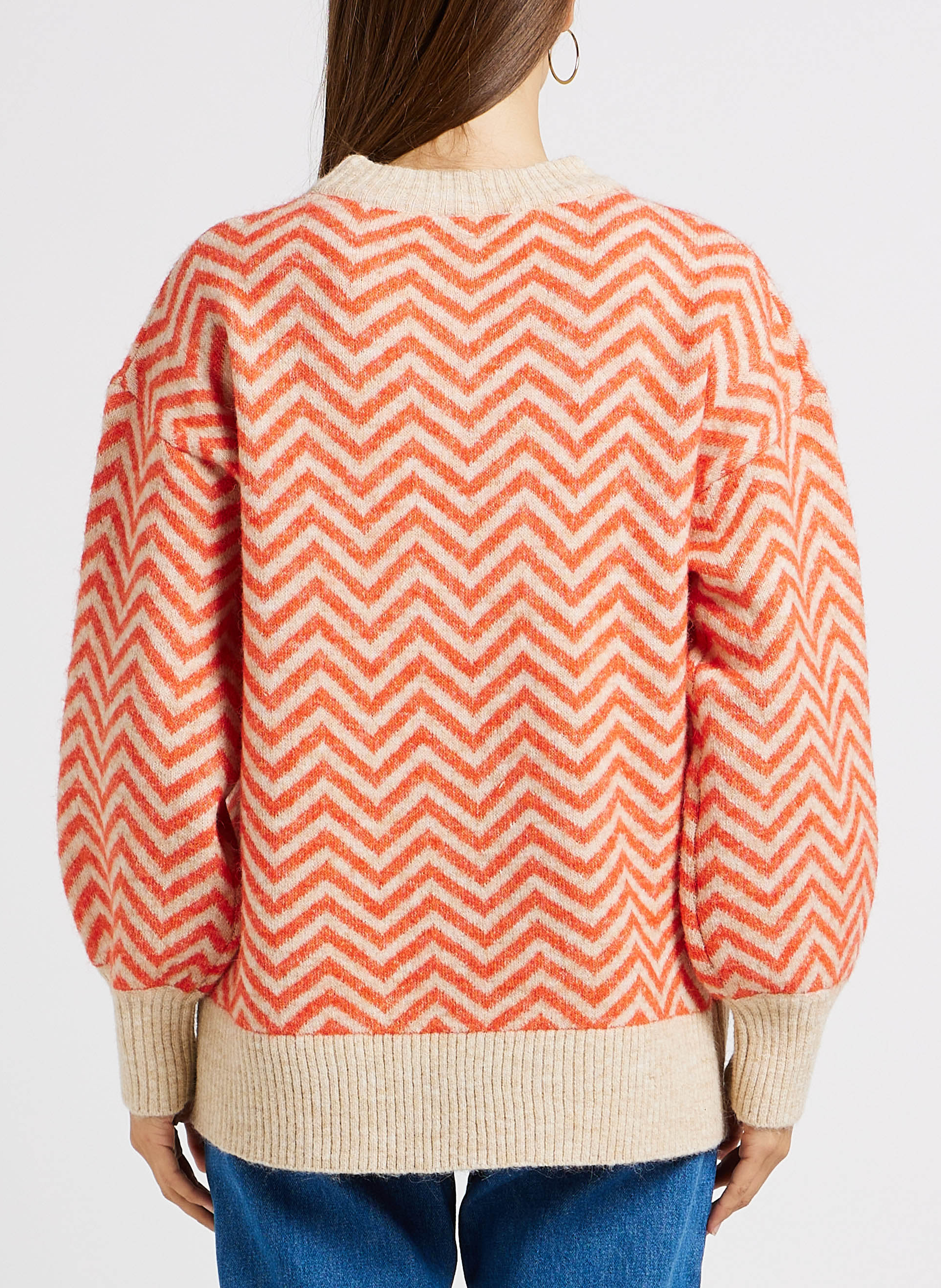 Weiter Rundhalspullover aus Strick-Mix mit Zickzackmuster OBJECT Beige