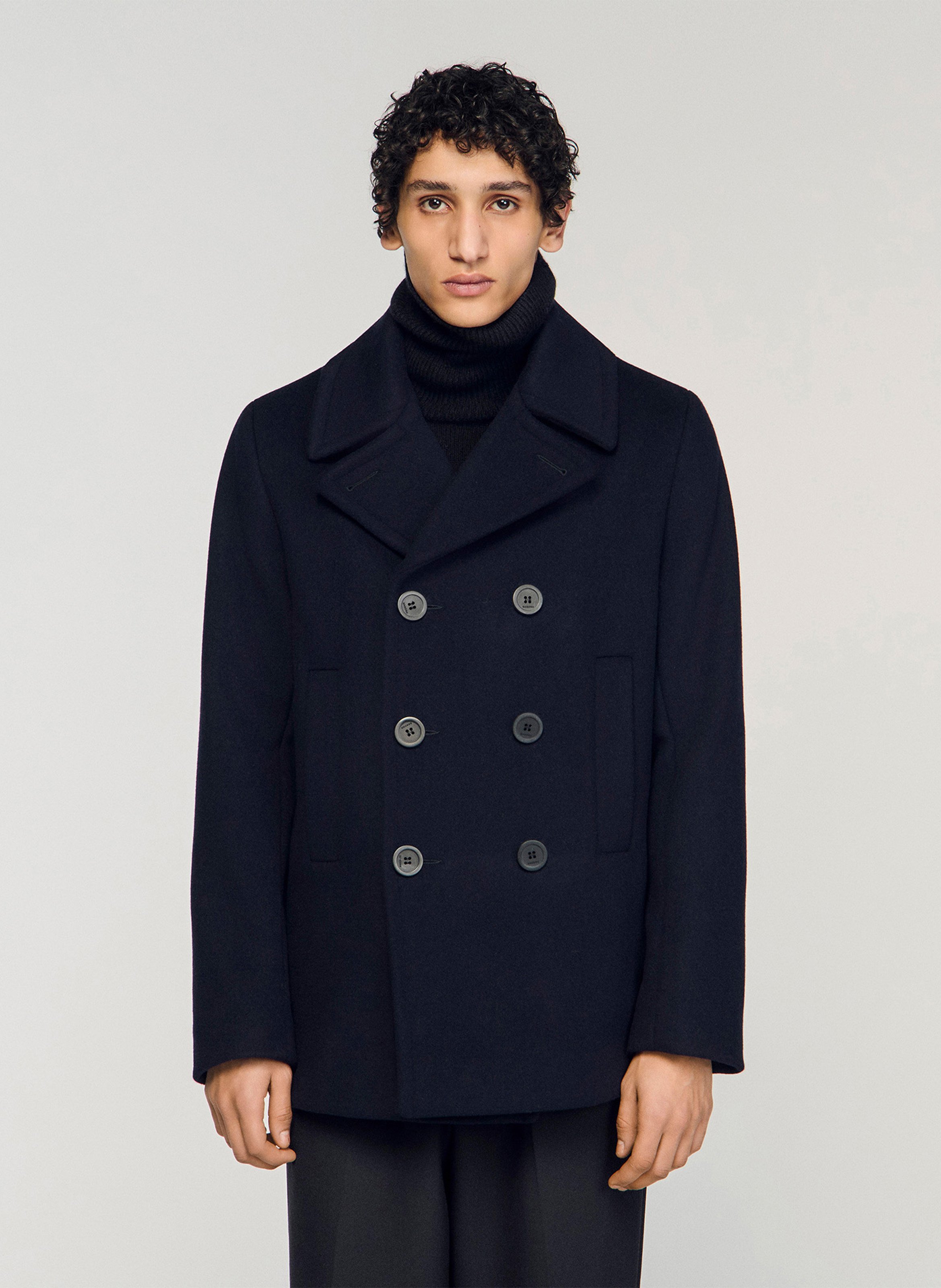 Manteau droit en laine mélangée SANDRO Bleu