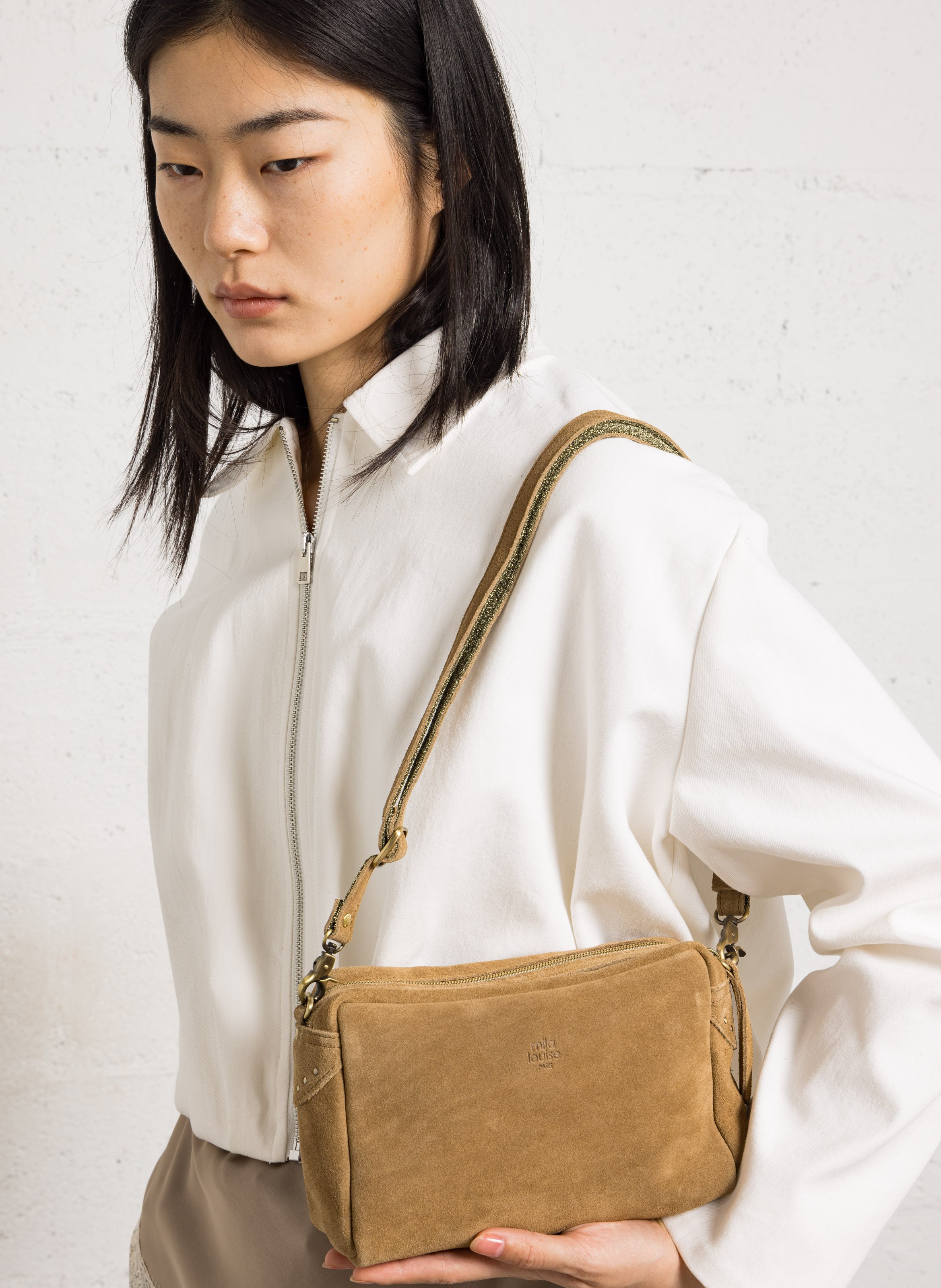 Sac caméra en cuir velours MILA LOUISE Marron