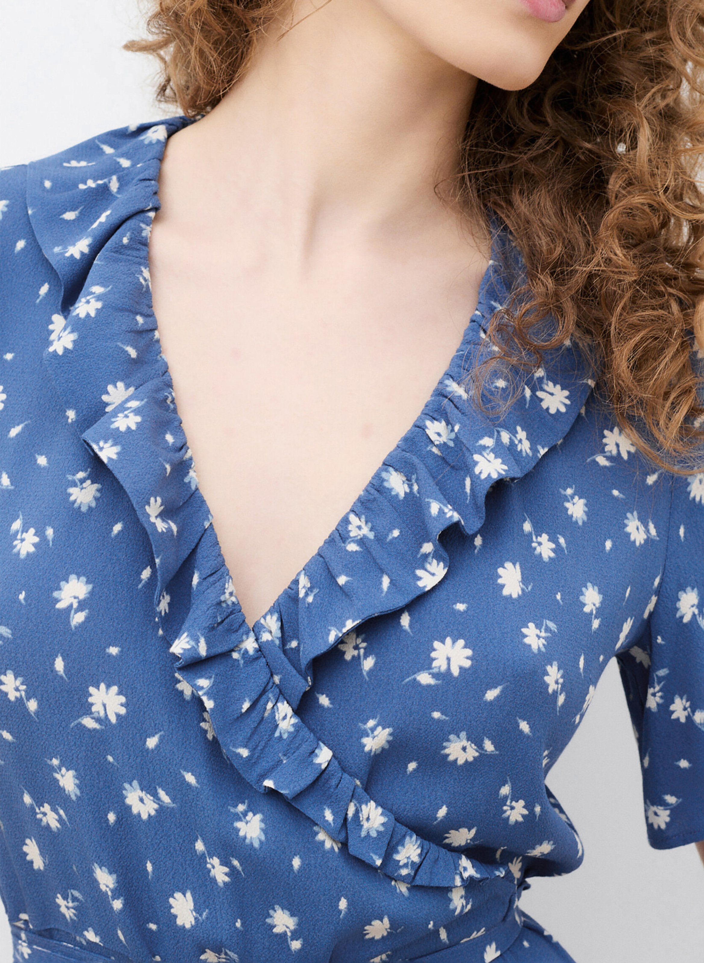 Robe midi col V à pois CAROLL Bleu