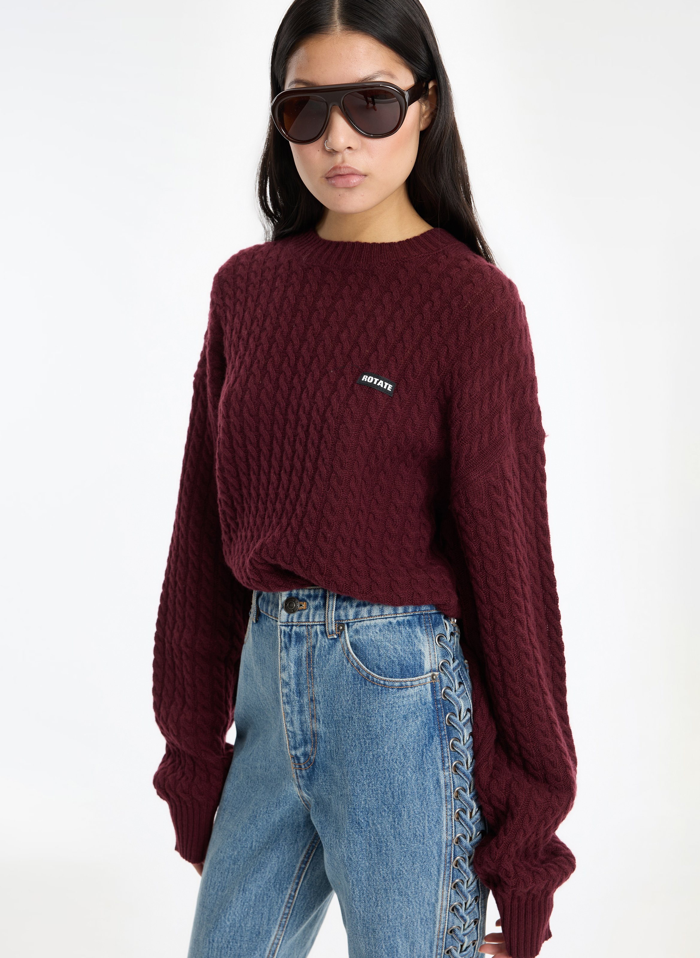 Loose-fit cable-knit sweater ROTATE Brown