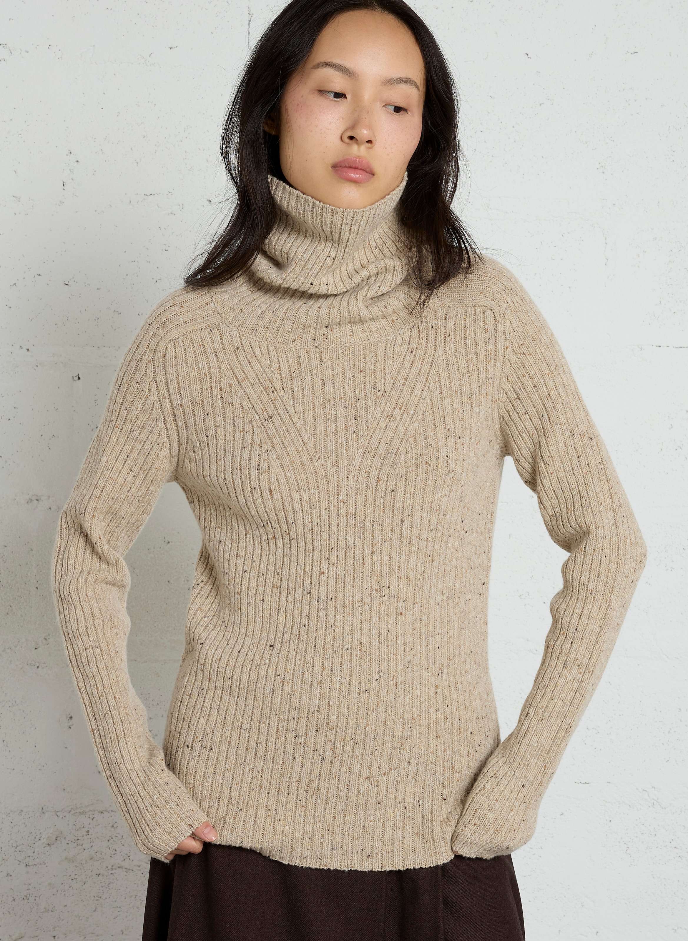 Pull droit col montant en laine SOEUR Beige