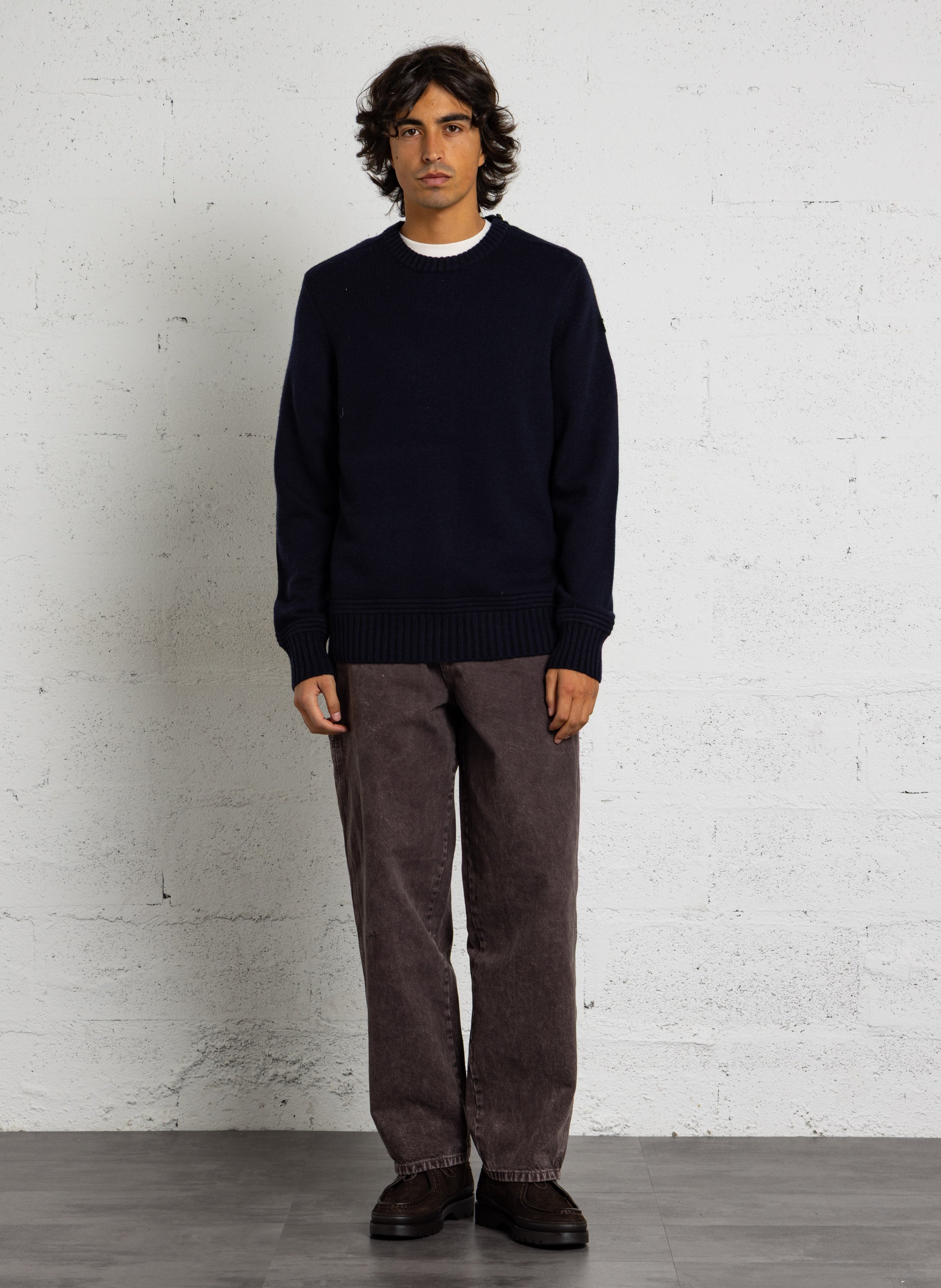 Round-neck mixed-knit straight sweater SCHOTT Blue