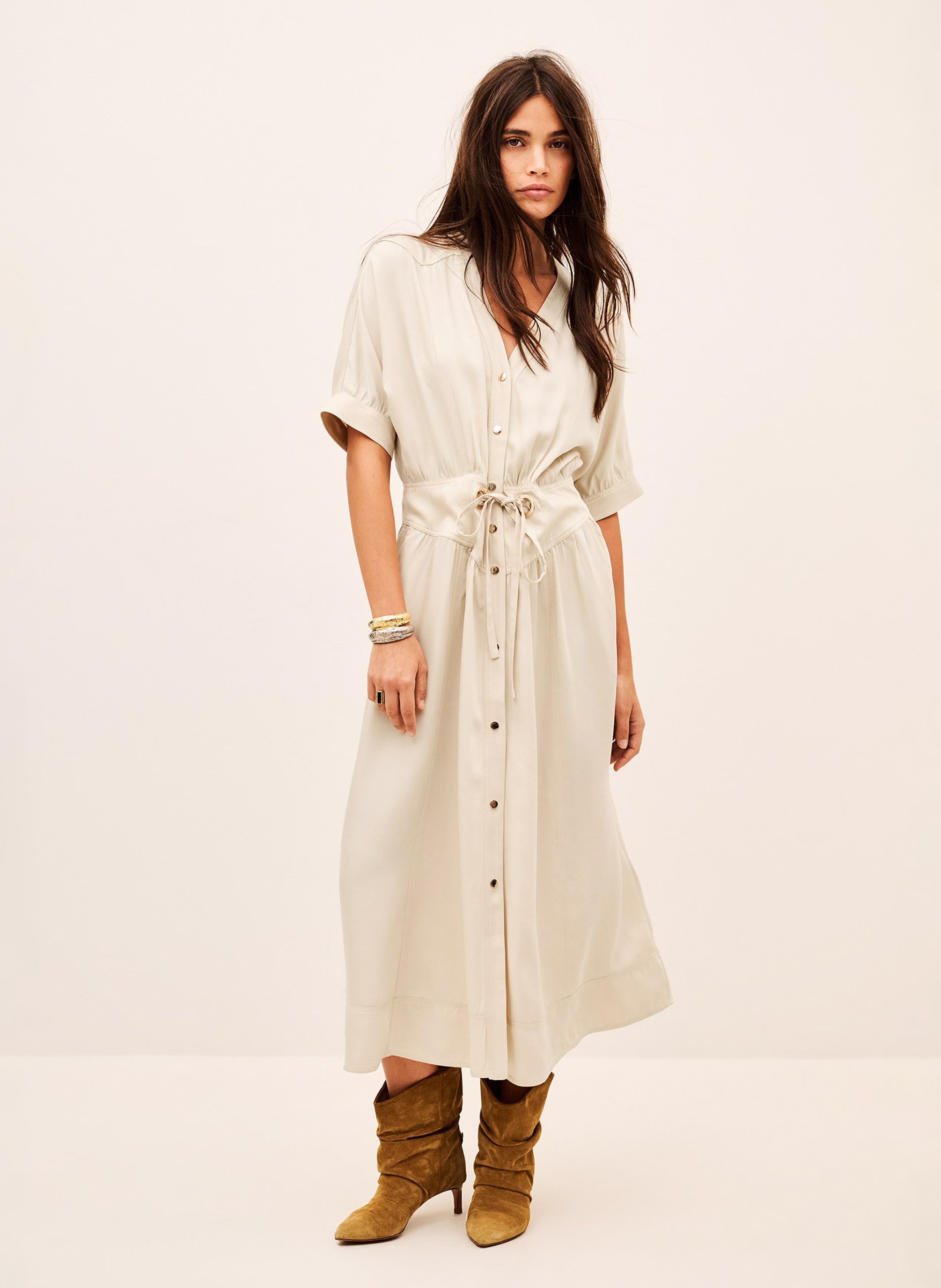 Robe chemise midi cintrée à manches courtes BA&SH