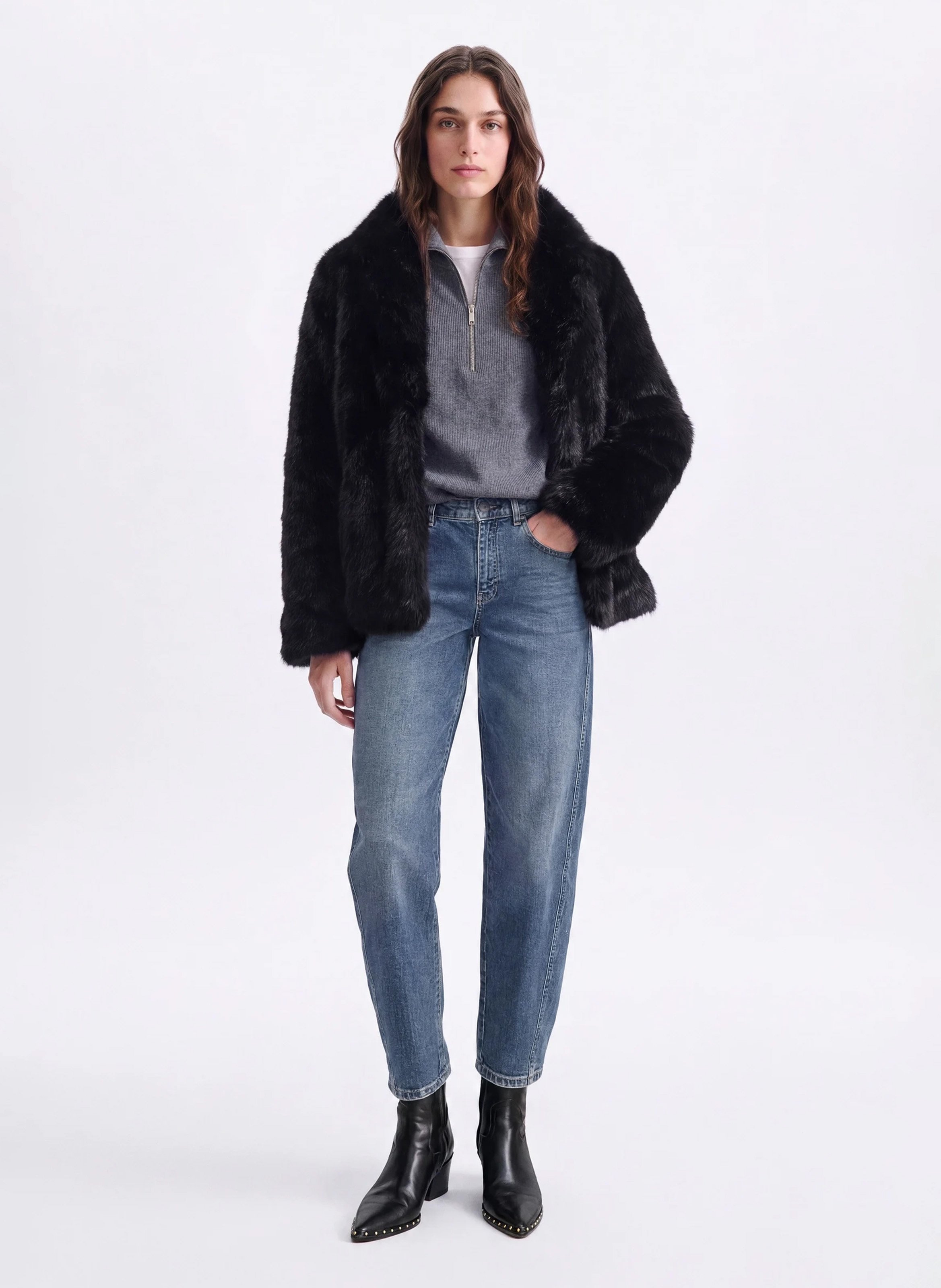 Gerade geschnittene Jacke mit Stehkragen in Felloptik und Gürtel VANESSA BRUNO Schwarz