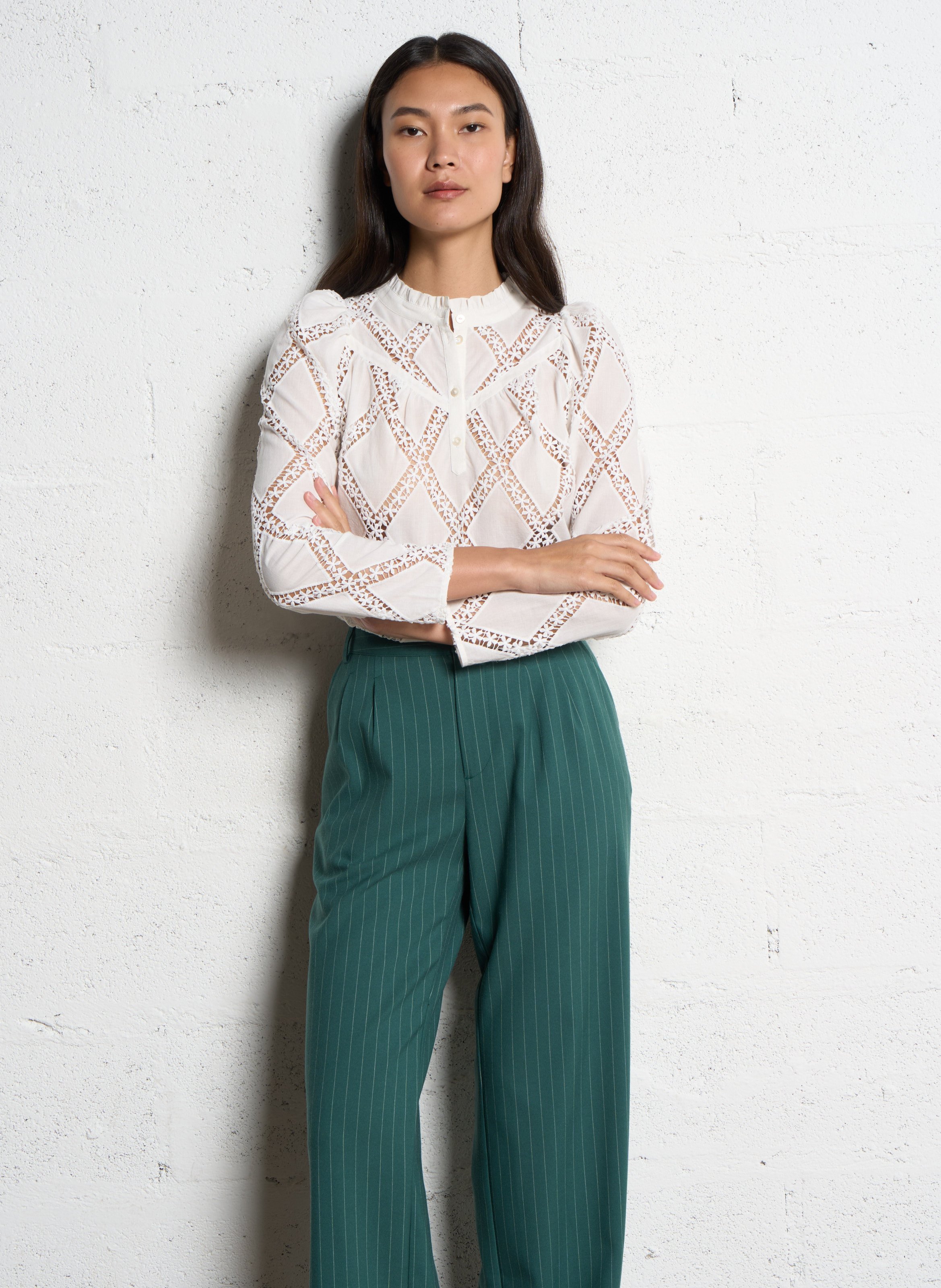 Kanten top met lange mouw ONE STEP Wit