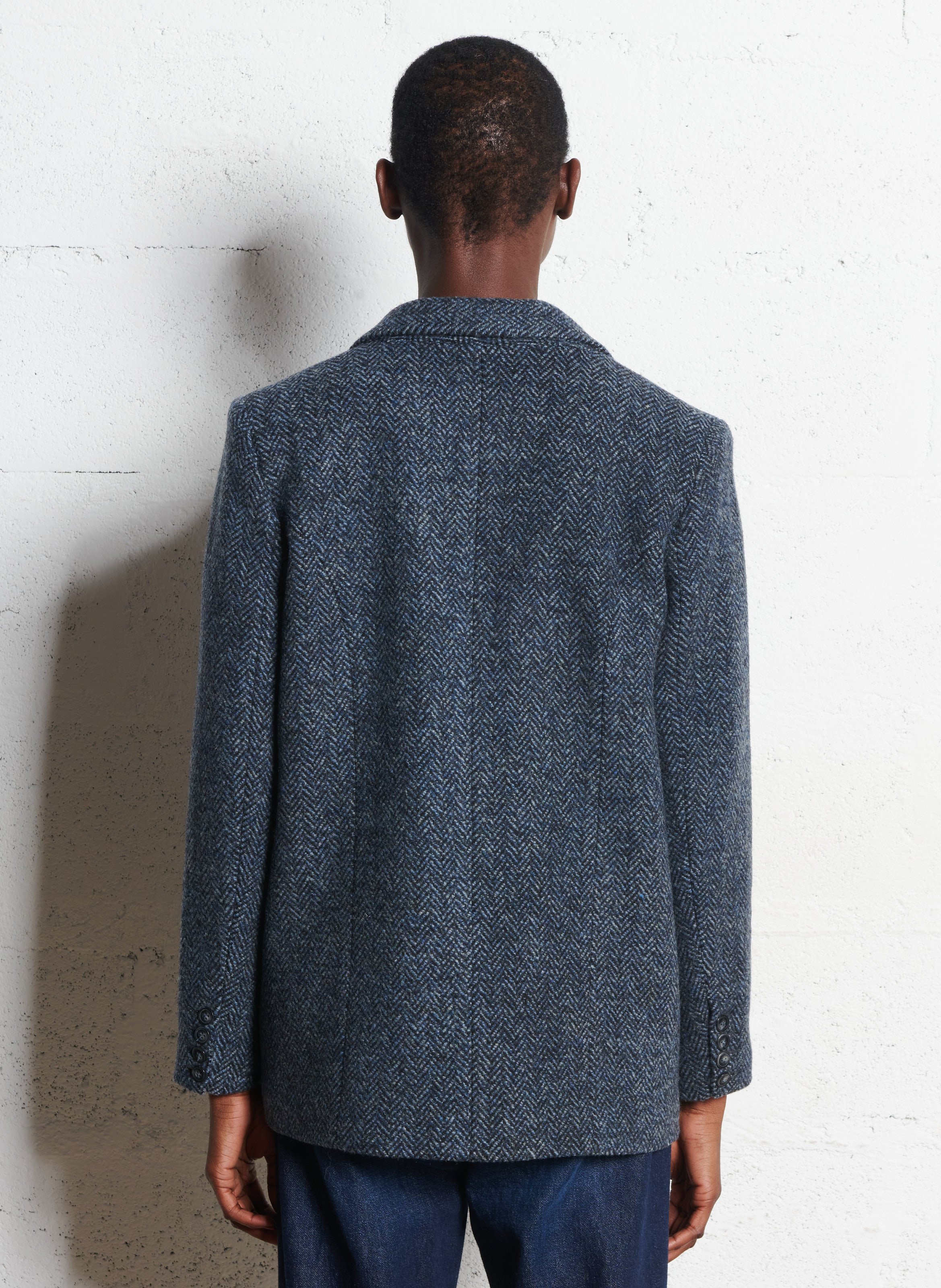 Veste tailleur droite chevron en laine DES PETITS HAUTS Bleu