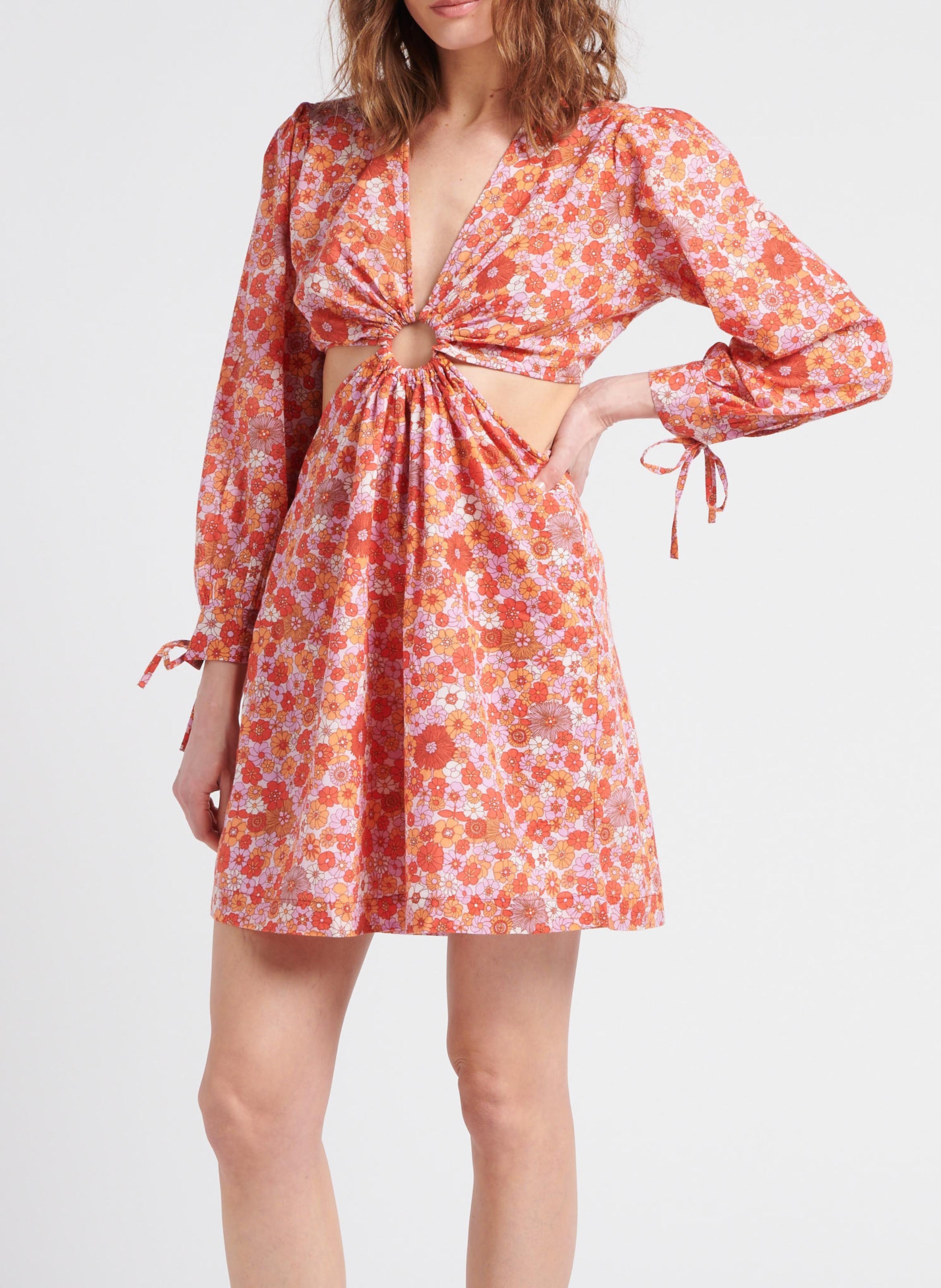 Robe courte col V imprimée fleuri en coton  ANTIK BATIK Rouge