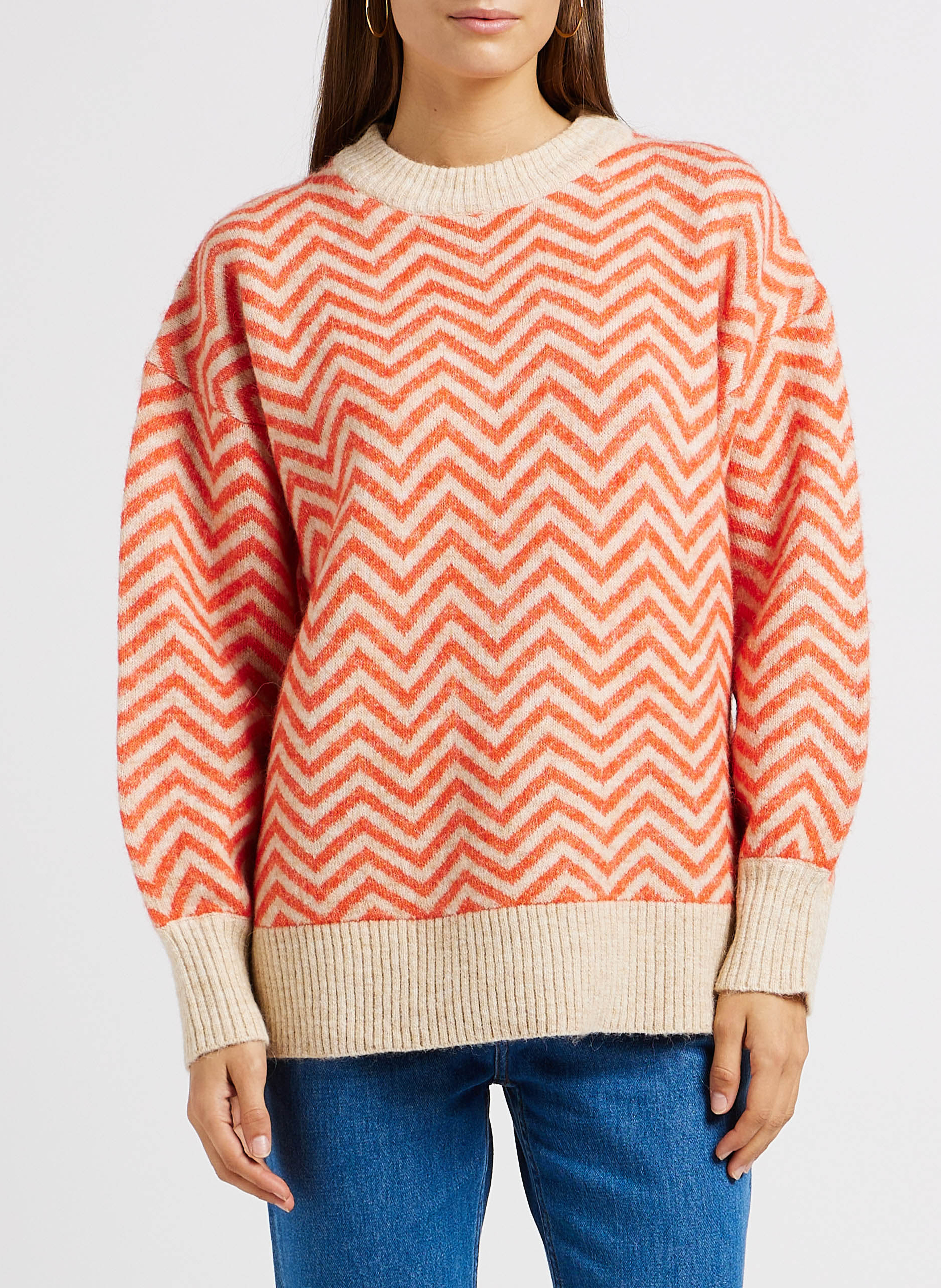 Weiter Rundhalspullover aus Strick-Mix mit Zickzackmuster OBJECT Beige