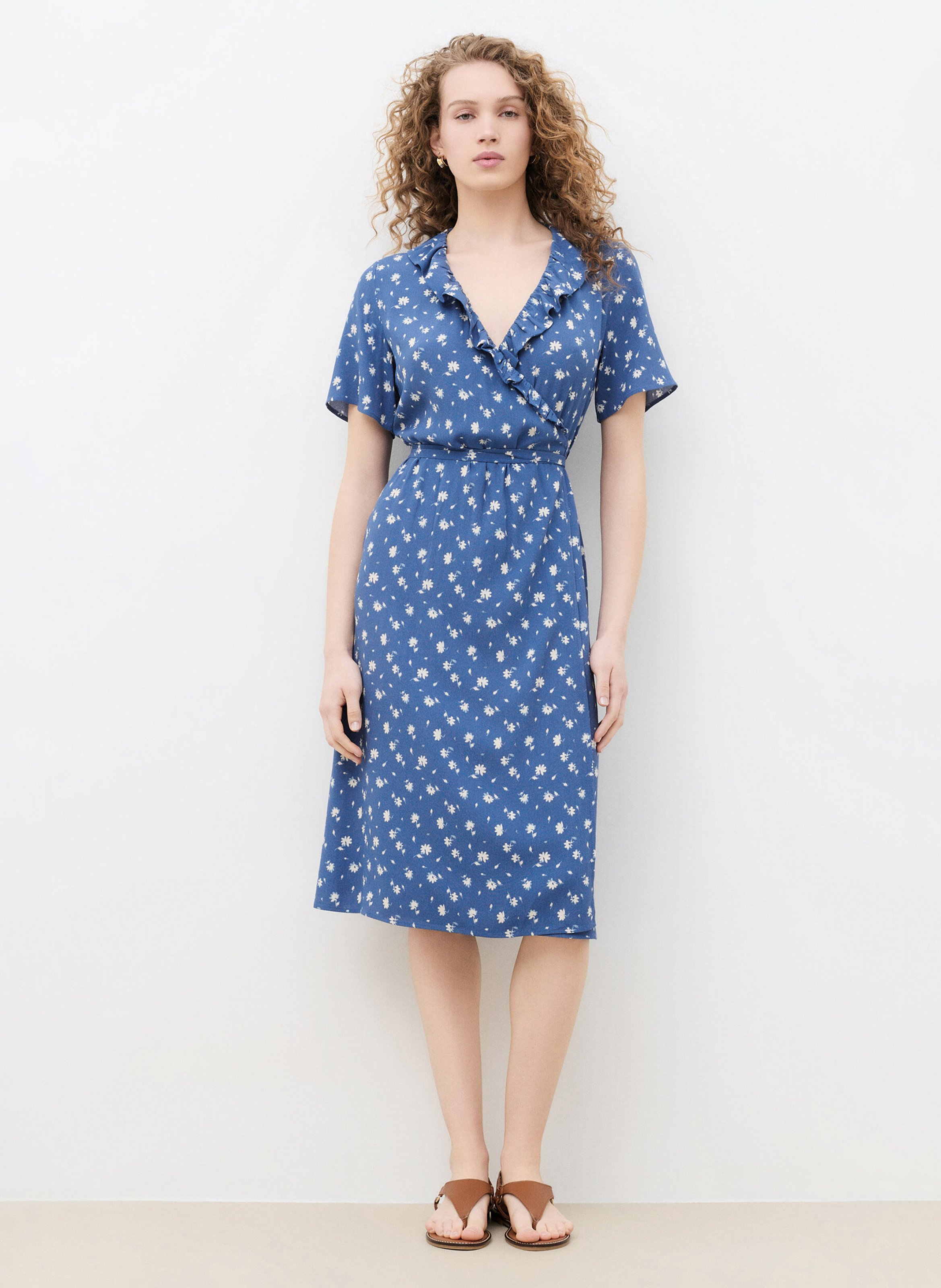 Robe midi col V à pois CAROLL Bleu