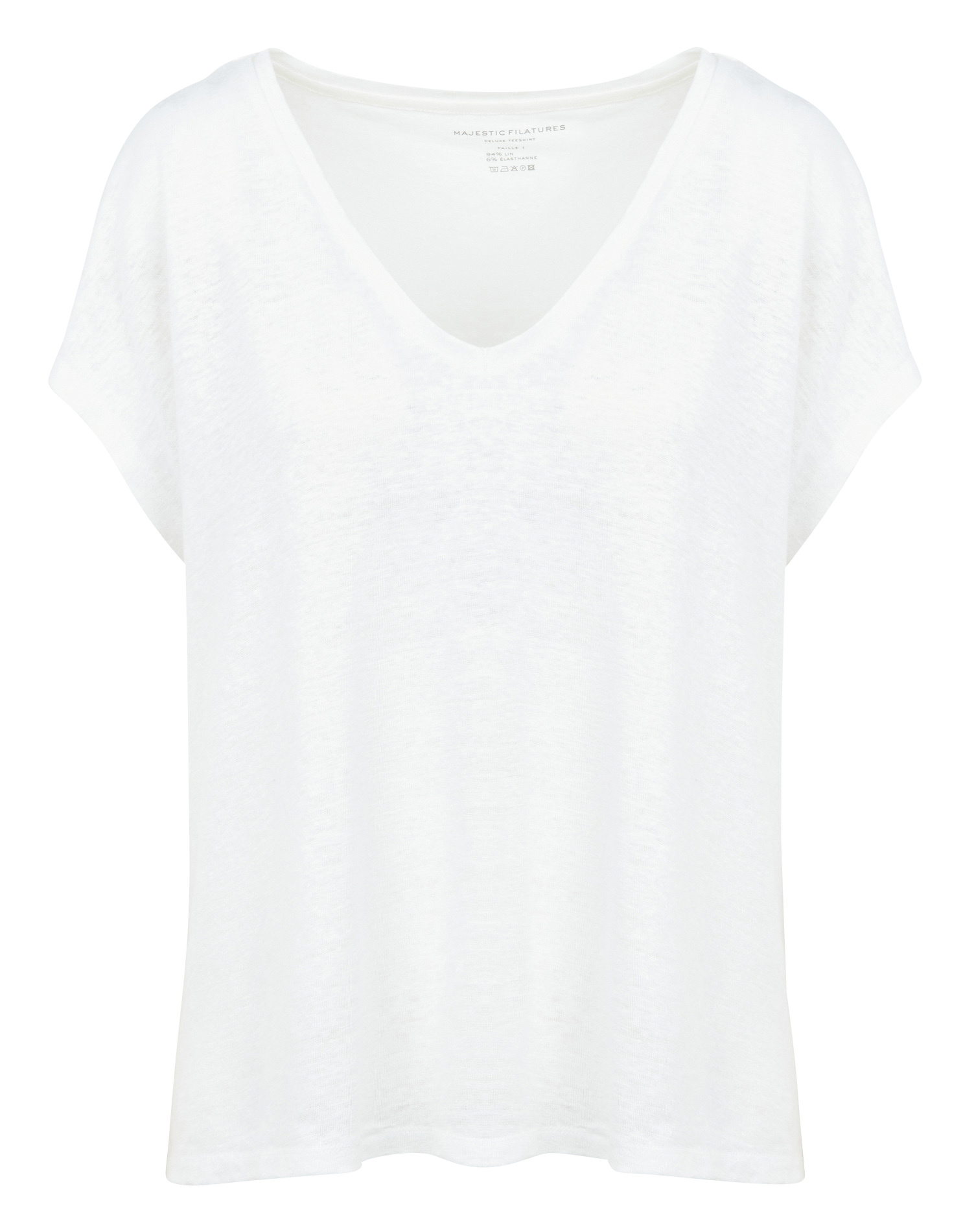 Tee-shirt ample col V en lin stretch MAJESTIC FILATURES Blanc