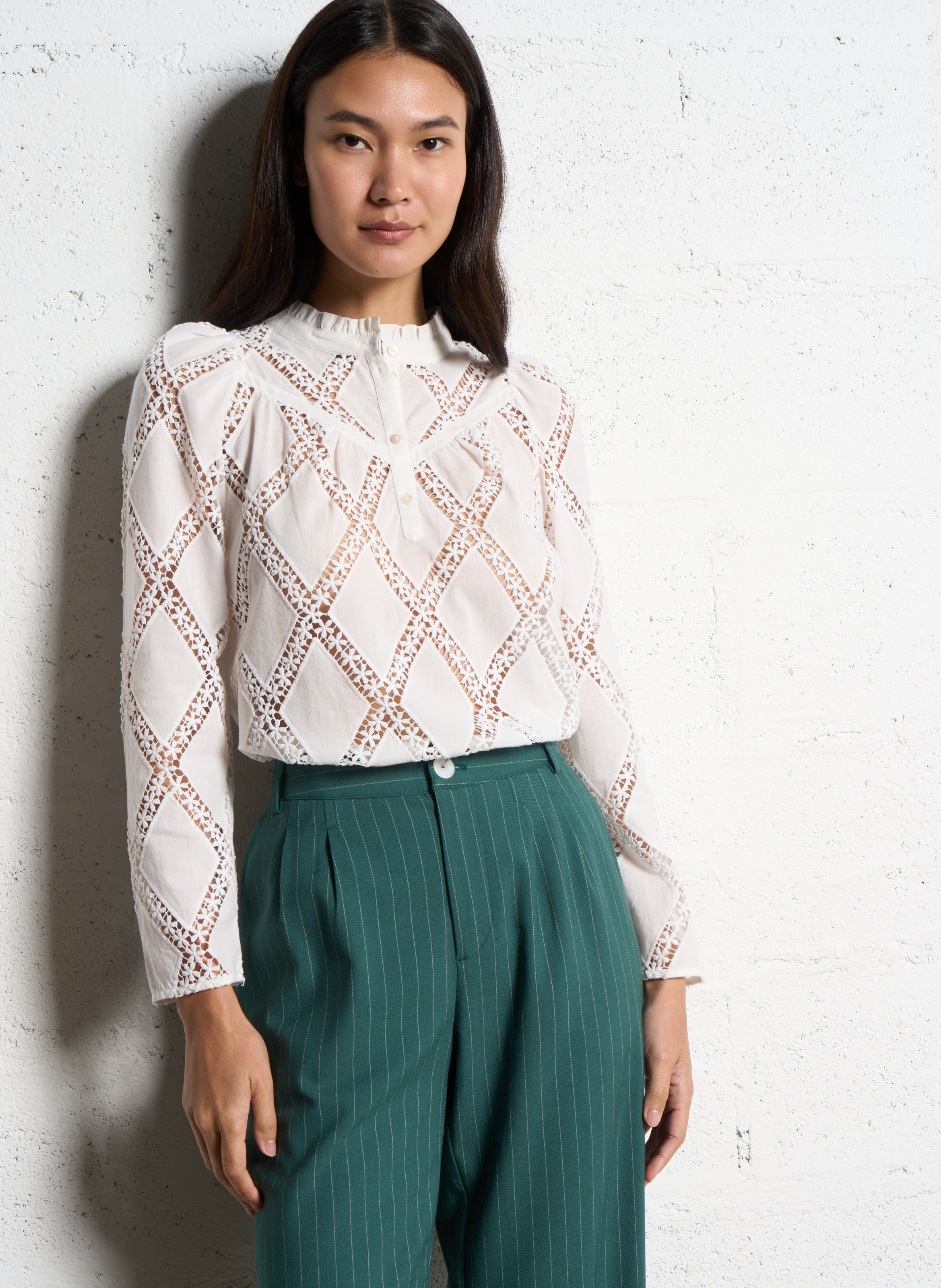 Kanten top met lange mouw ONE STEP Wit