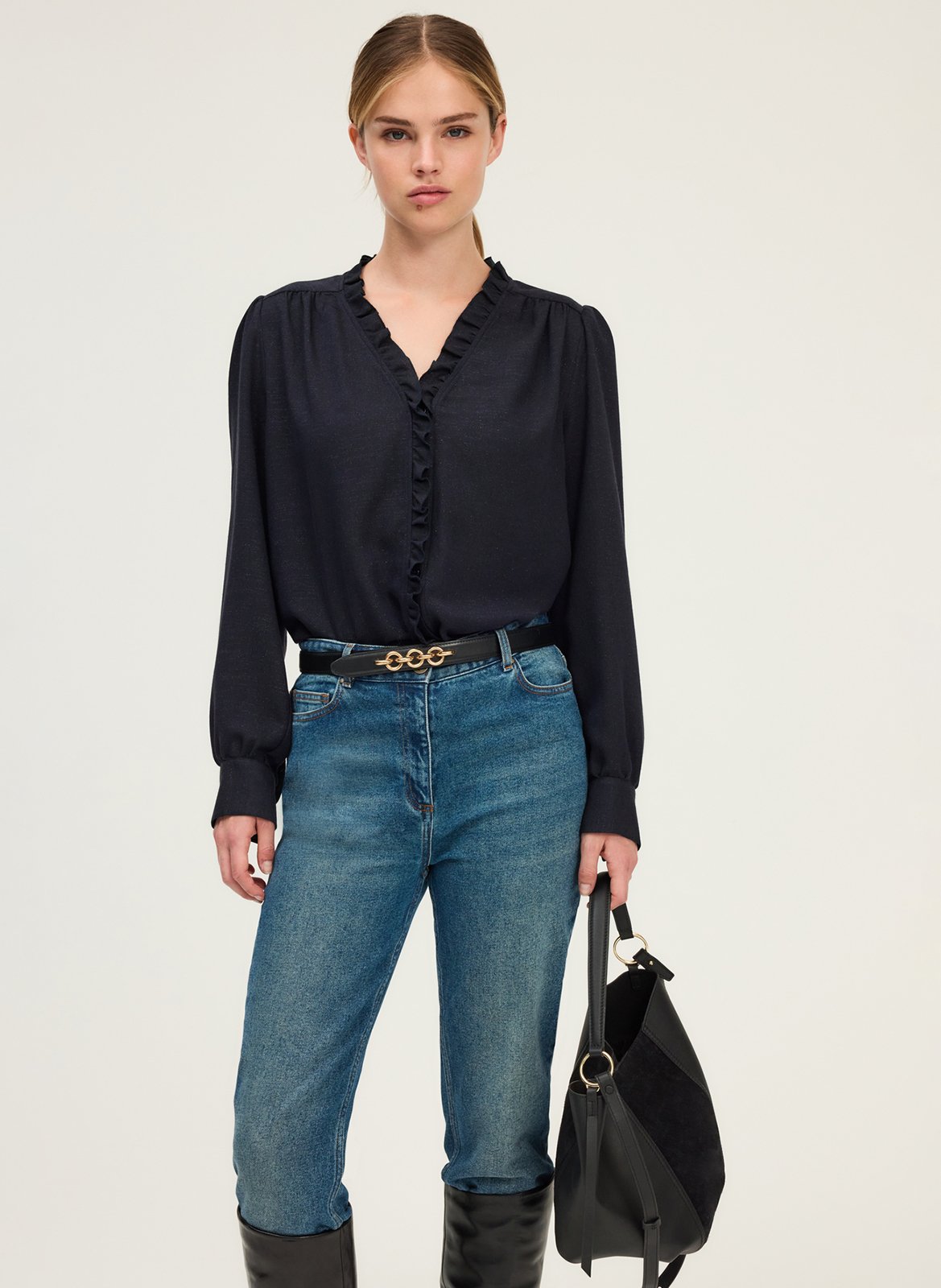 Straight V-neck blouse with ruffles PABLO Blue