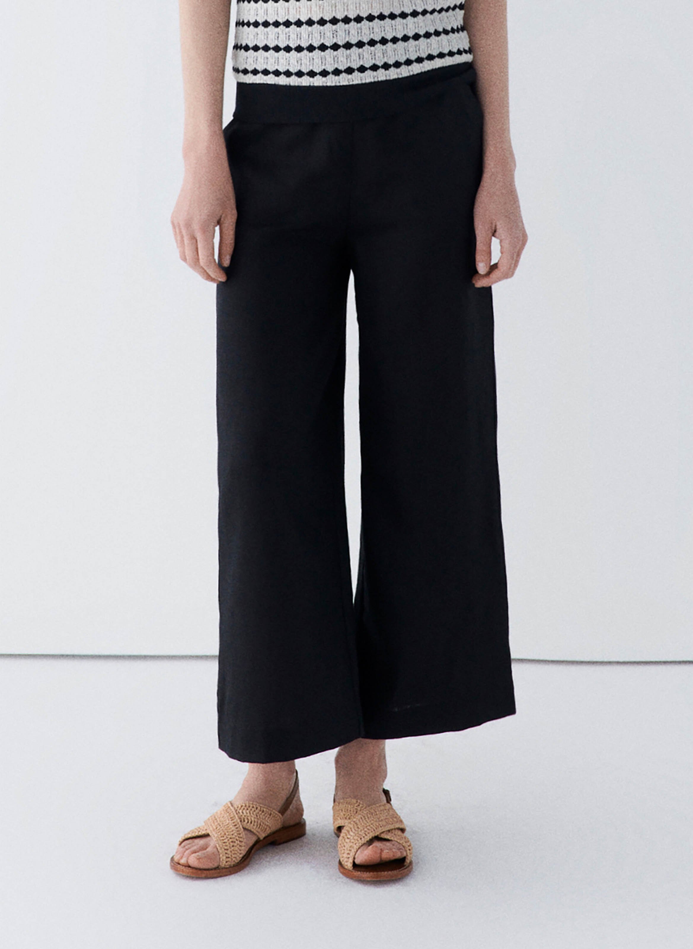 High-waisted wide-leg linen pants CAROLL Black